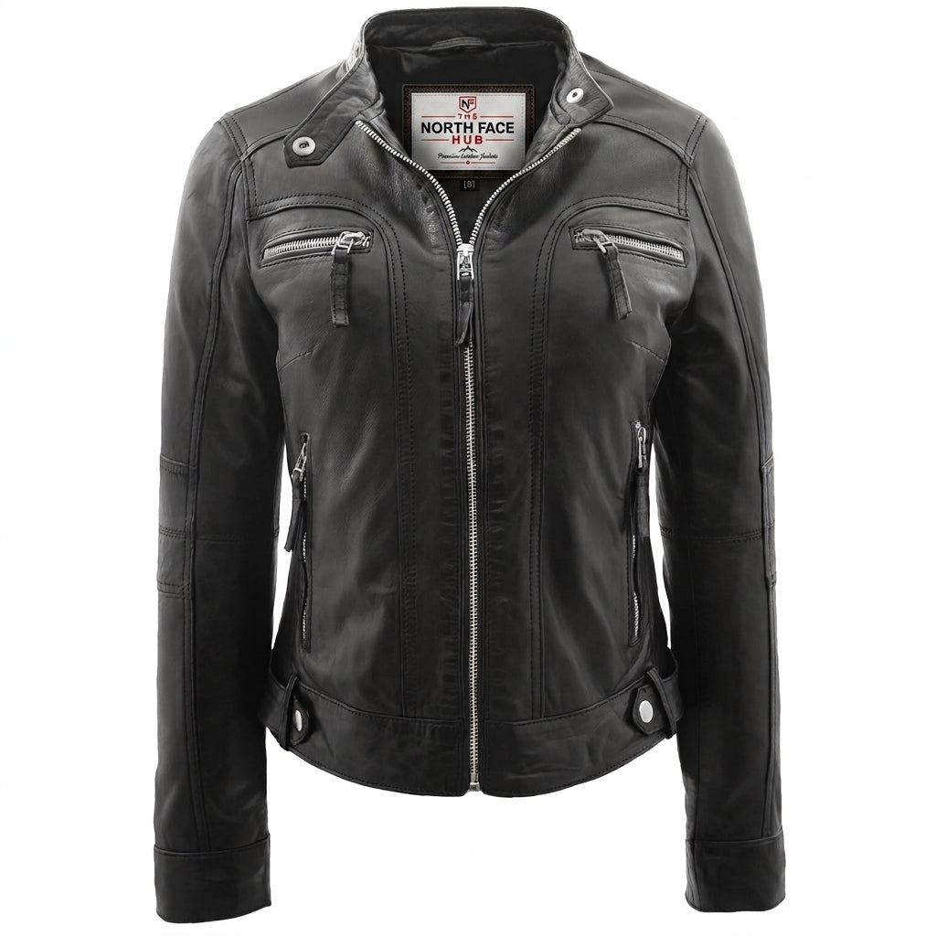 Womens Real Leather Biker Jacket Casual Style Annie Nova Black