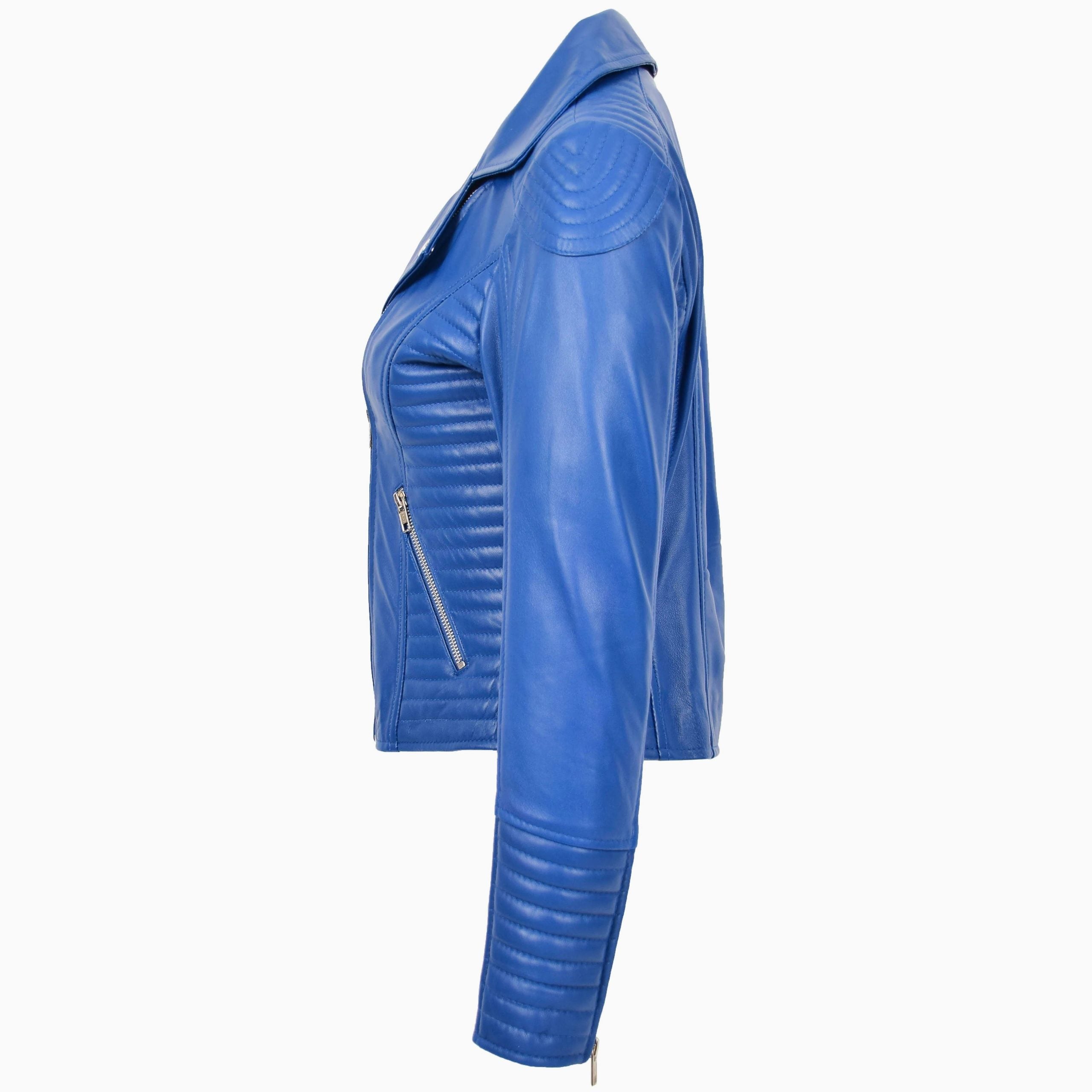 Womens Soft Leather Cross Zip Biker Jacket Anna Radiant Blue