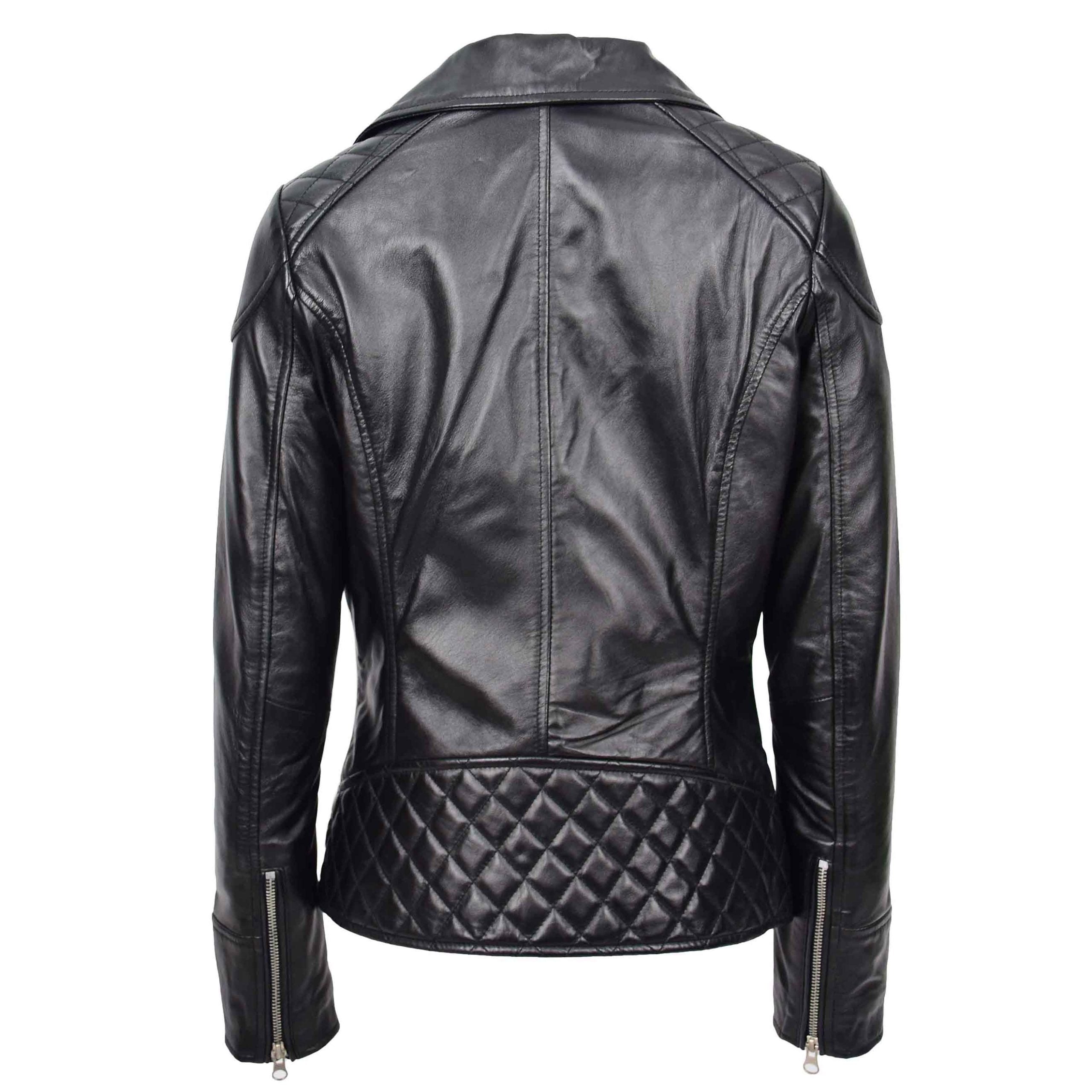 Womens Real Leather Biker Jacket Cross Zip Pockets Cherry Nova Black