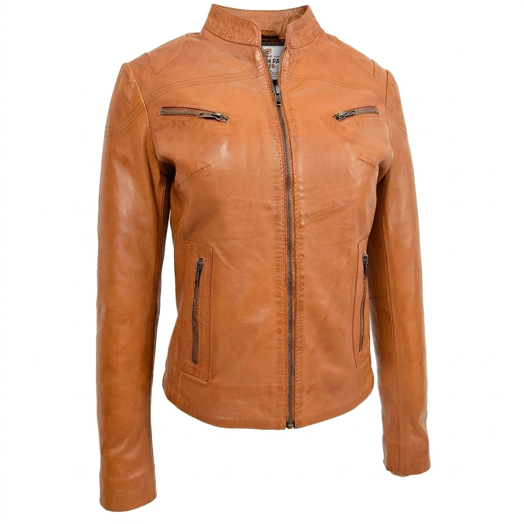 Womens Leather Standing Collar Jacket Becky Dynamo Tan