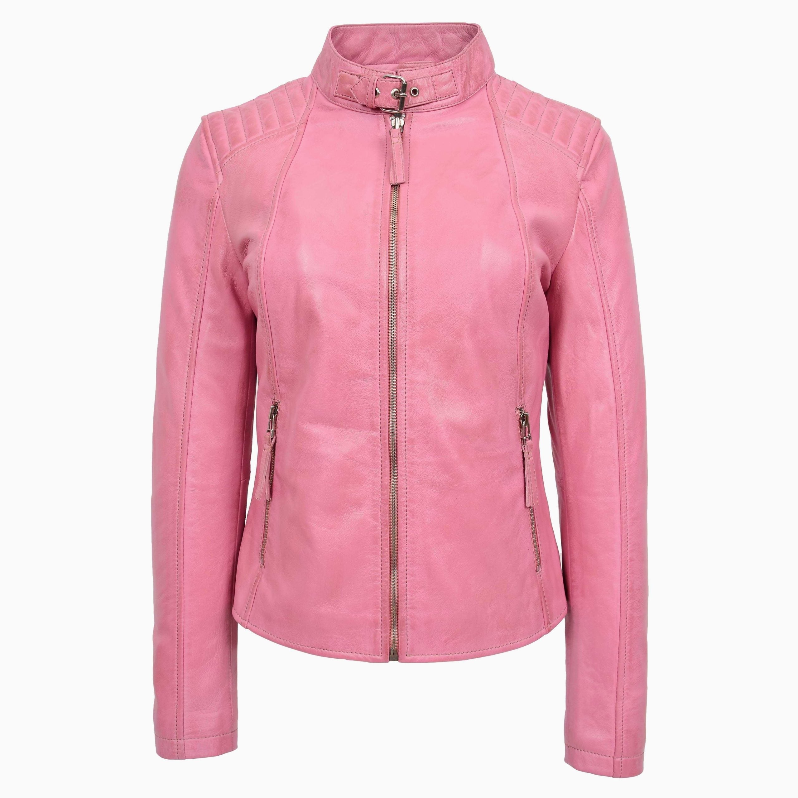 Womens Real Leather Classic Biker Jacket Sophia Baby Chroma Pink