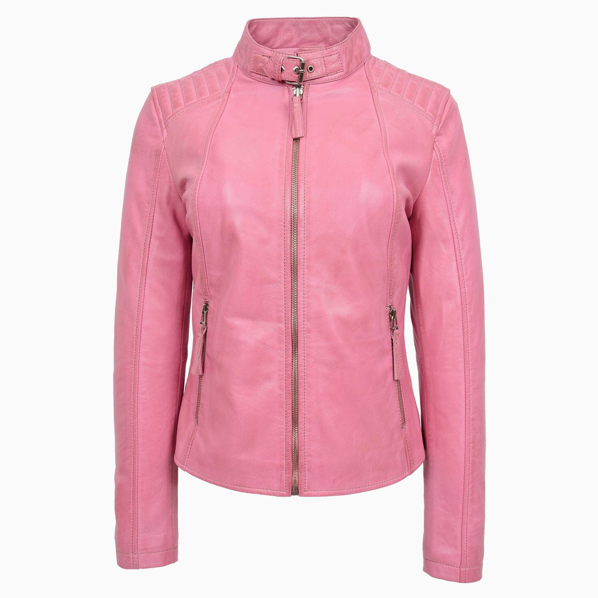 Womens Real Leather Classic Biker Jacket Sophia Baby Chroma Pink