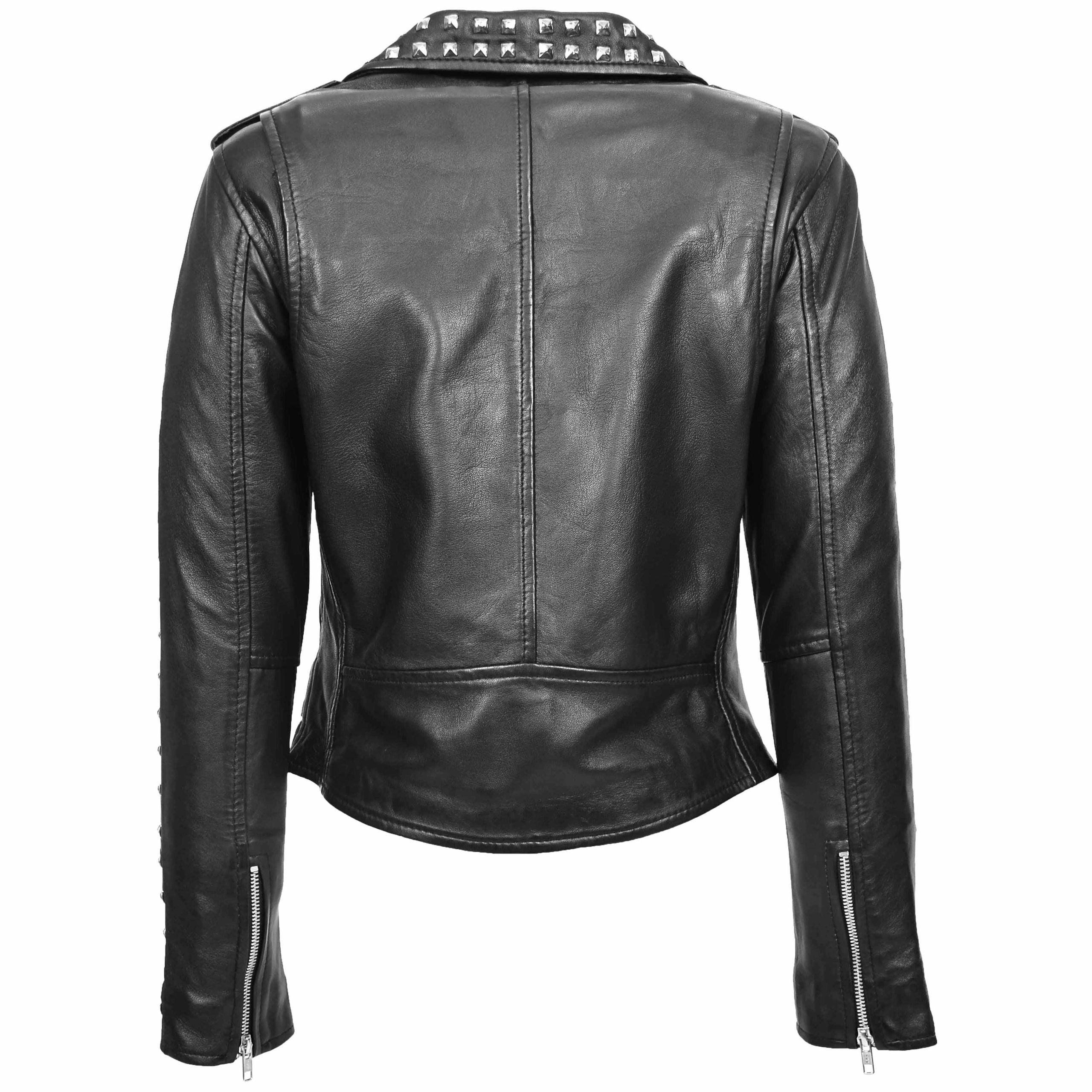 Womens Real Leather Biker Jacket Studded Brando Jacket Heidi Nova Black
