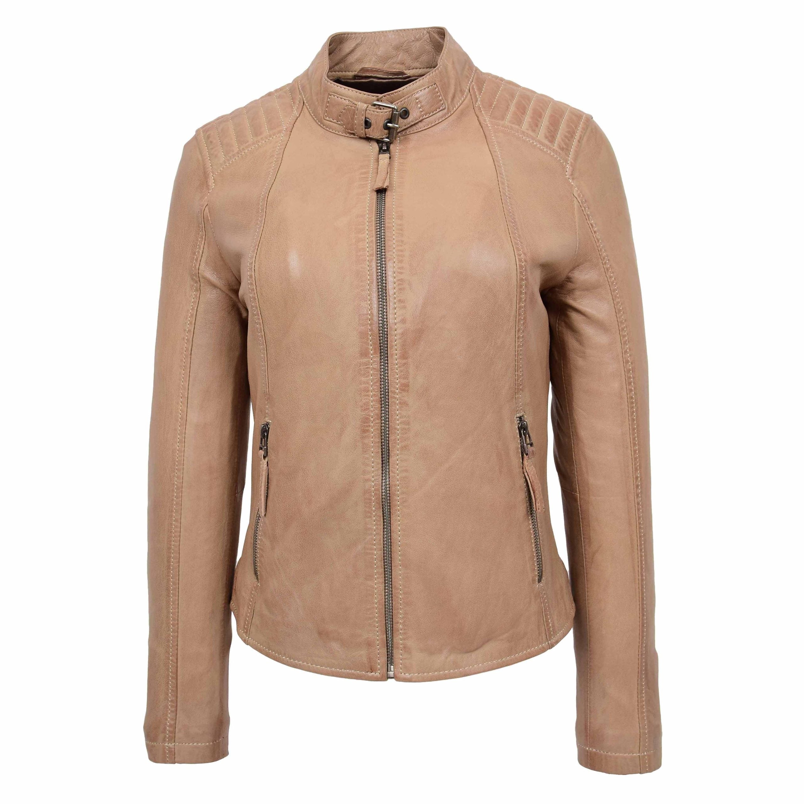 Womens Real Leather Classic Biker Jacket Sophia Luminous Beige