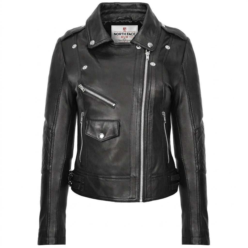 Womens Real Leather Biker Cross Zip Fashion Jacket Remi Nova Black