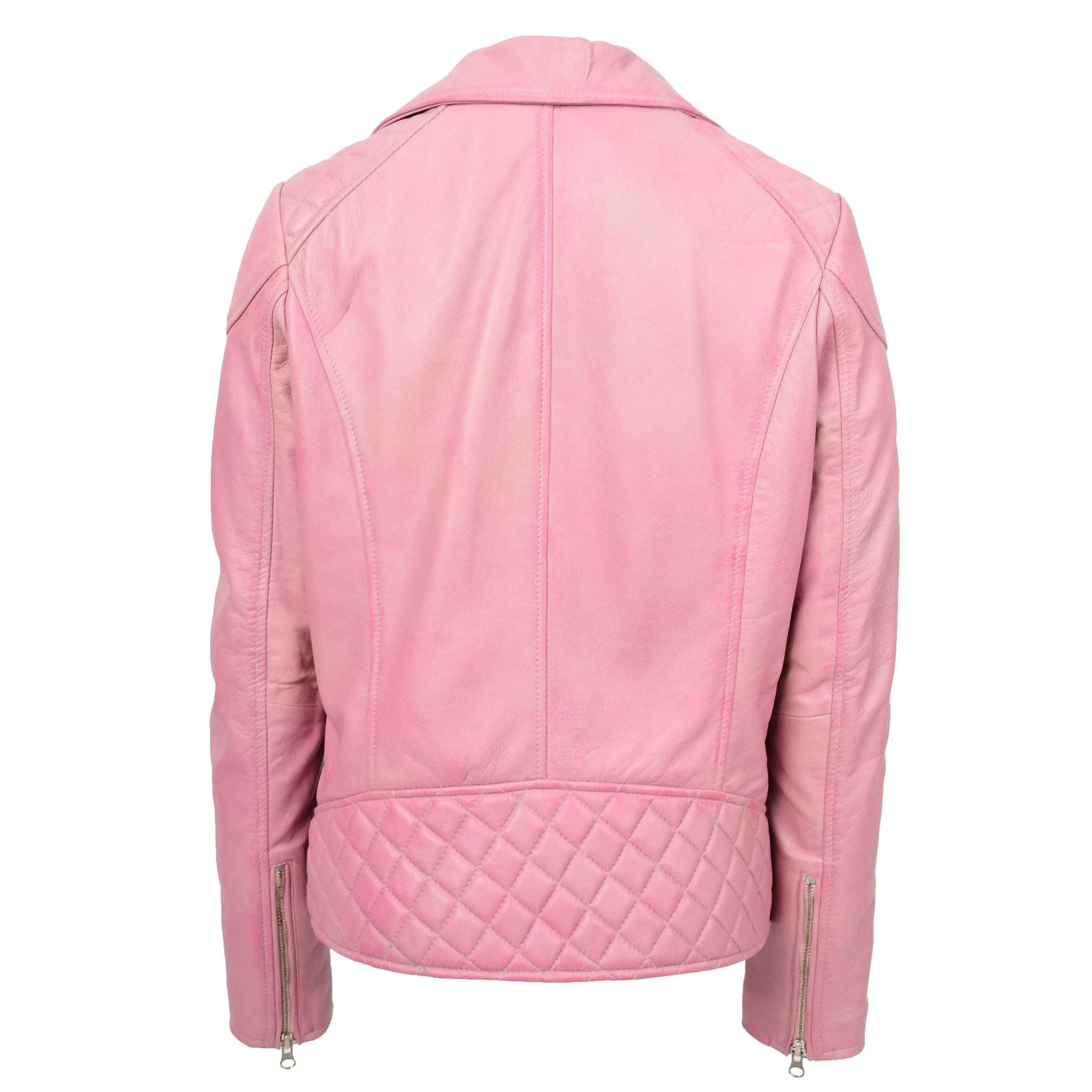 Womens Real Leather Biker Jacket Cross Zip Pockets Cherry Chroma Pink