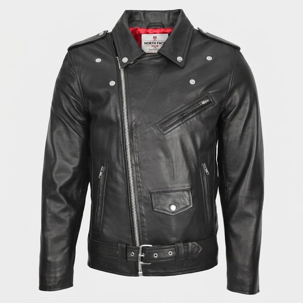 Mens Leather Biker Jacket Brando Style Johnny Dynamo Nova Black