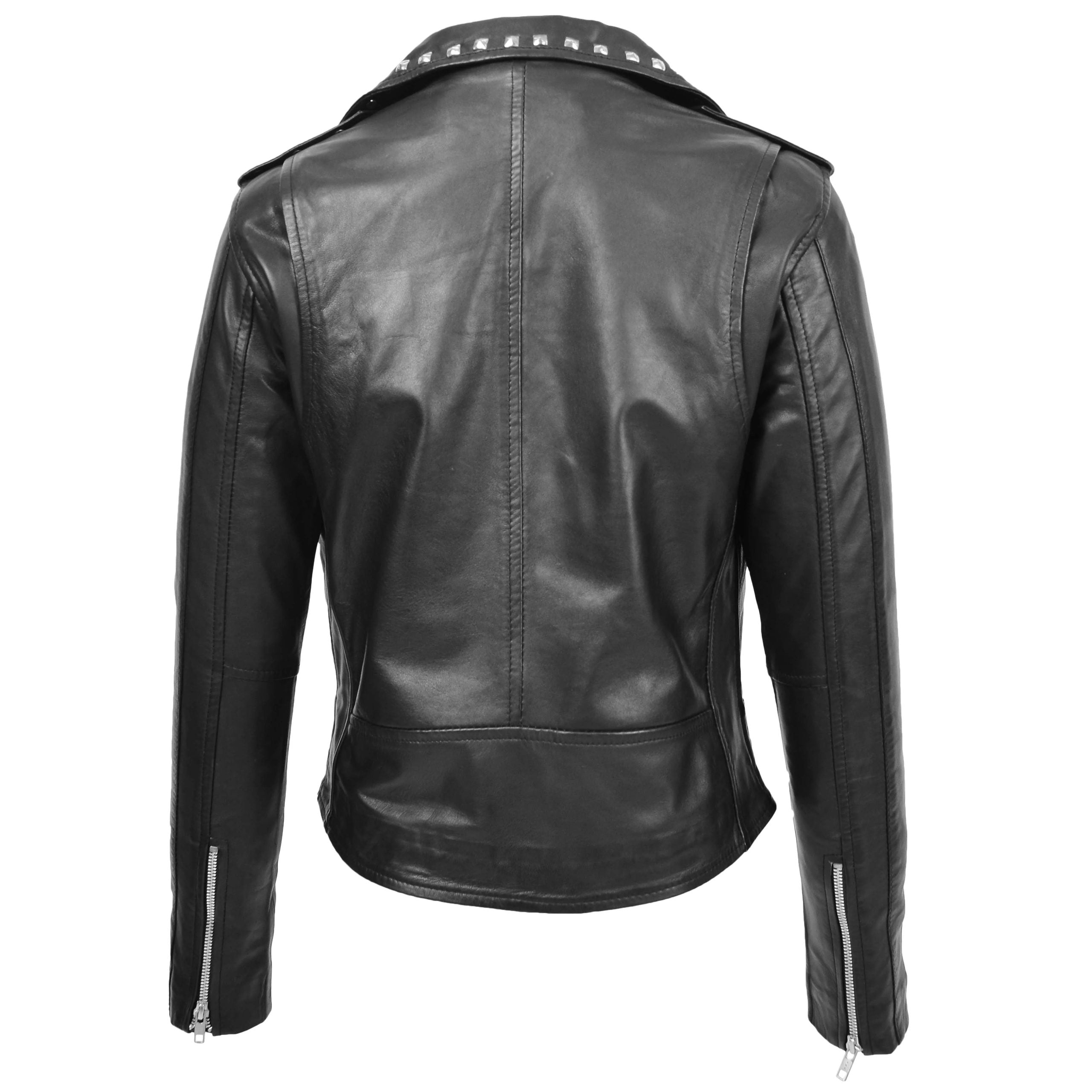 Womens Leather Studded Brando Style Jacket Salma Nova Black