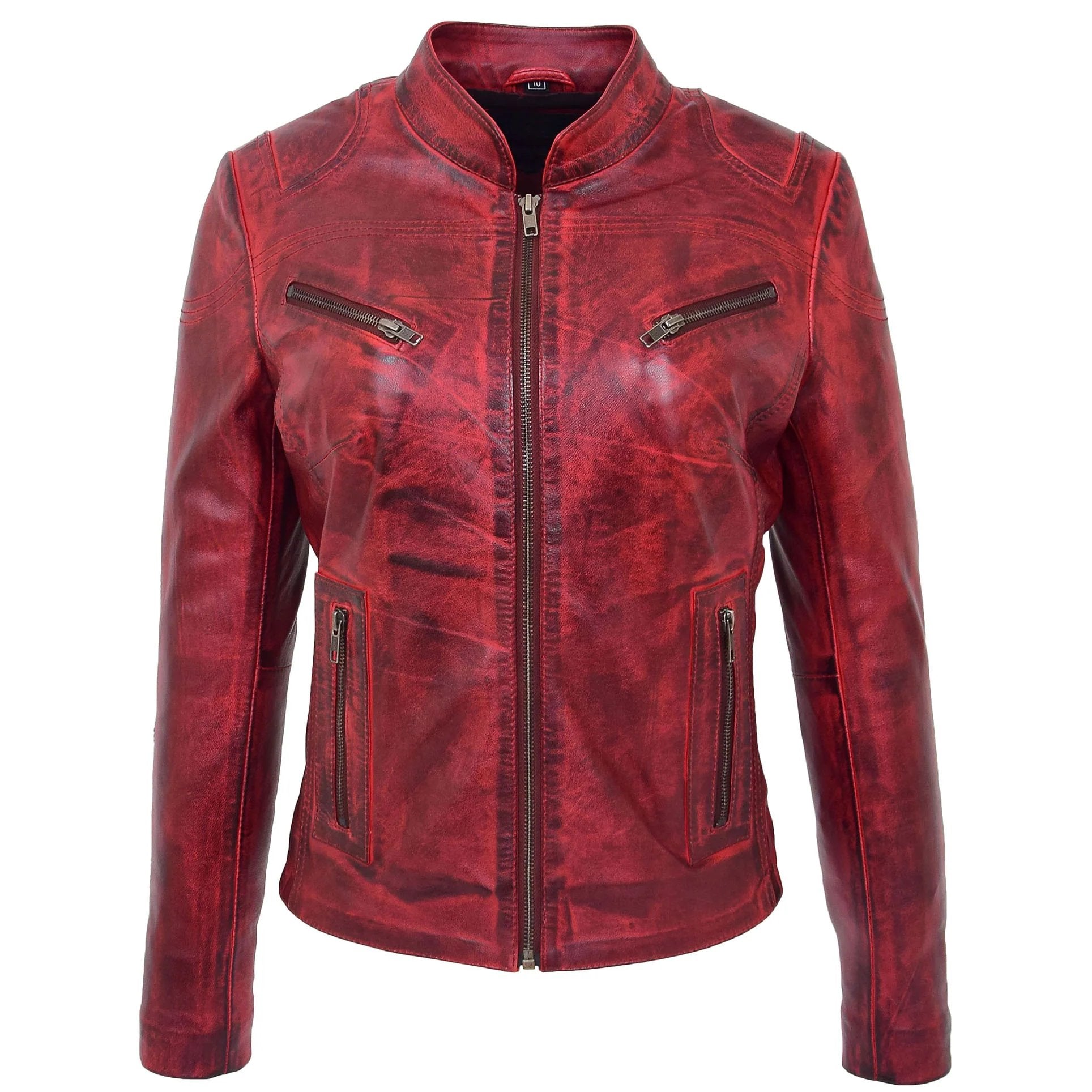 Womens Leather Standing Collar Jacket Becky Ignite Red