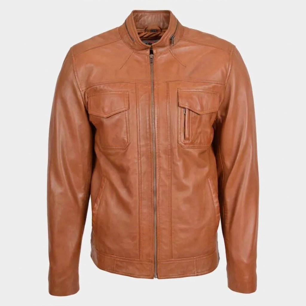 Mens Casual Biker Leather Jacket Dynamo Tan