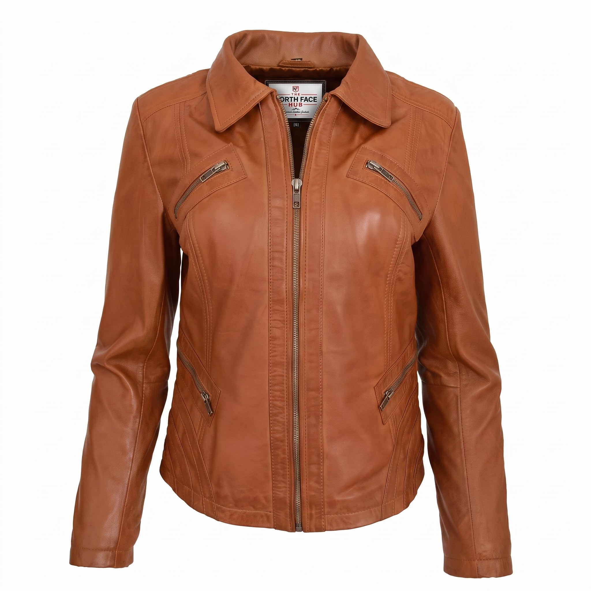 Womens Classic Leather Biker Zip Box Jacket Dynamo Tan