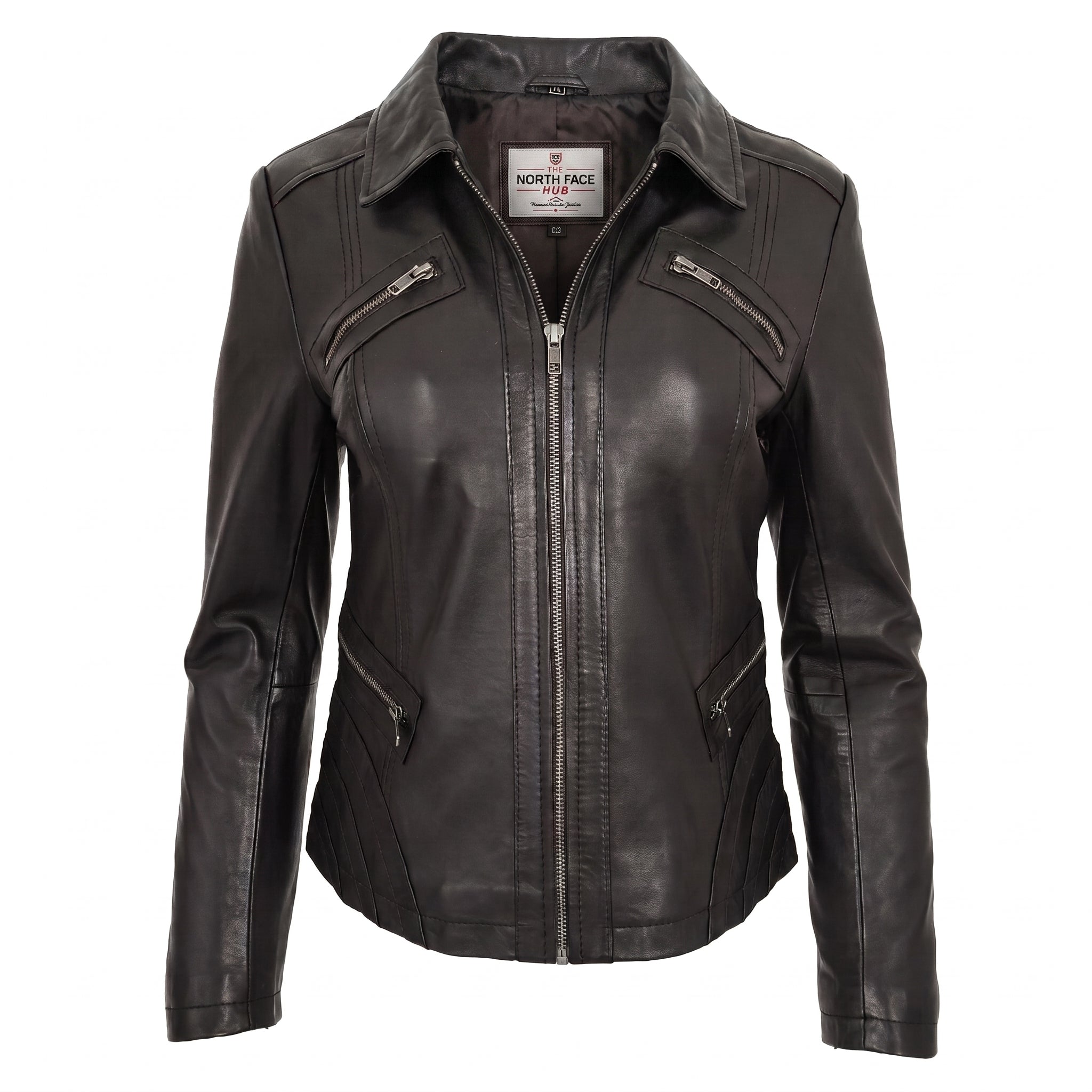 Womens Classic Leather Biker Zip Box Jacket Zenith Brown