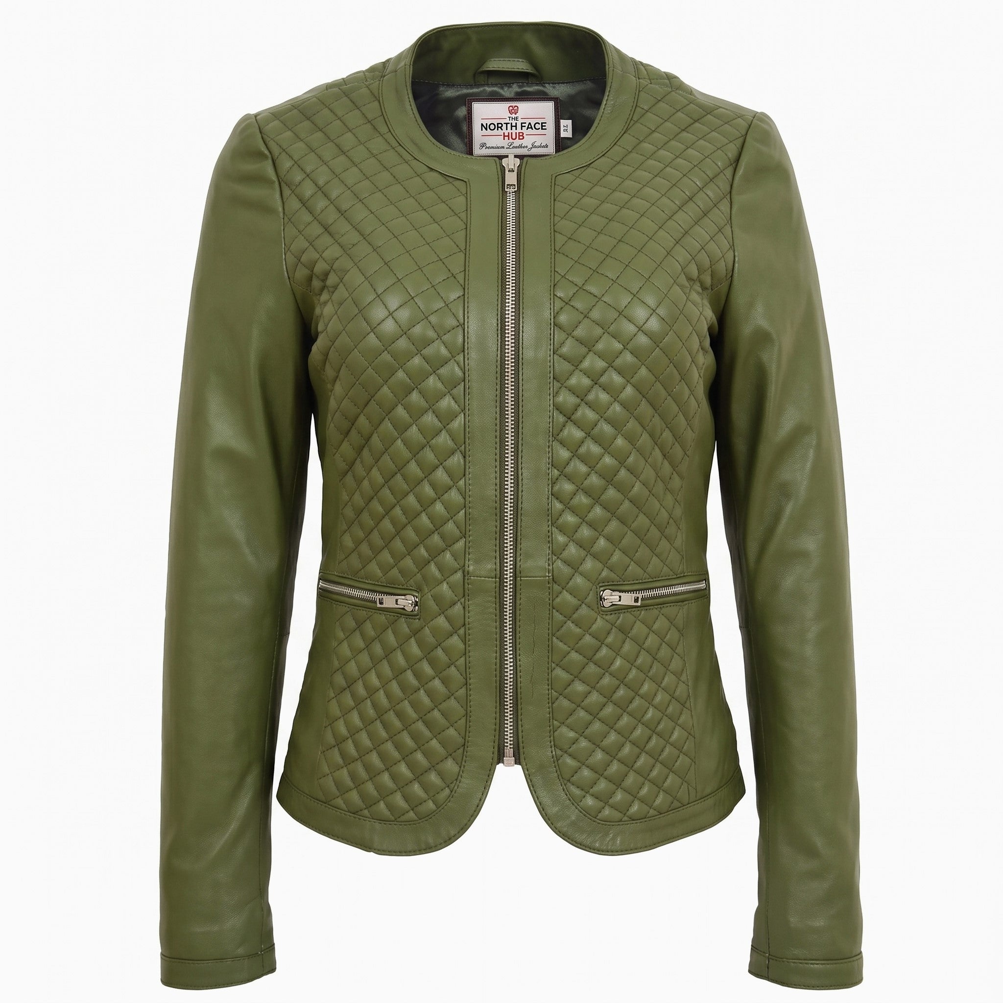 Womens Leather Collarless Jacket with Quilt Design Joan Aurora Olive Green