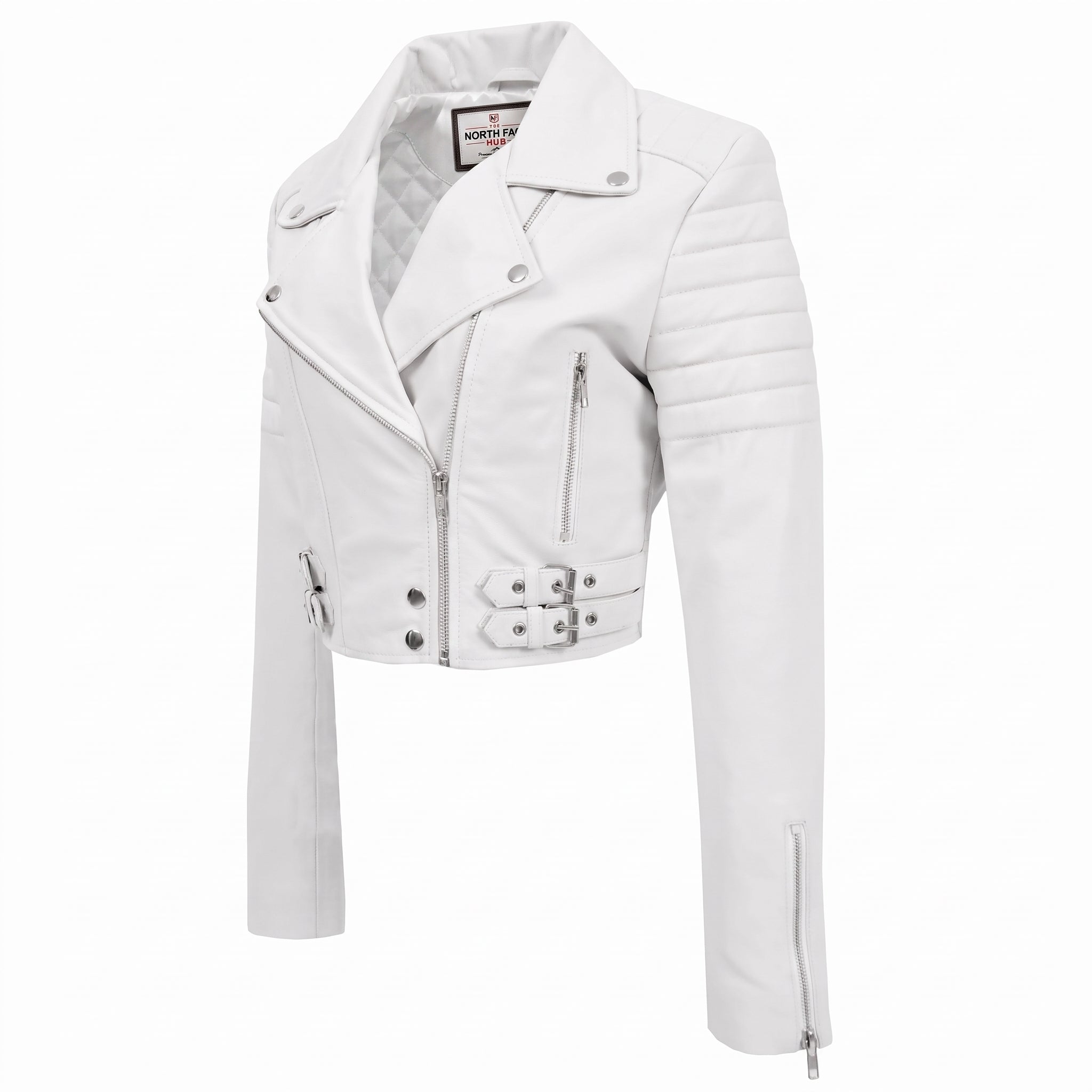 Womens Leather Cropped Biker Style Jacket Demi Astral White