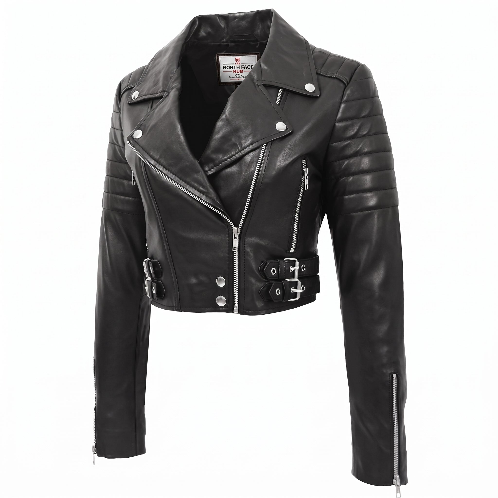 Womens Leather Cropped Biker Style Jacket Demi Nova Black