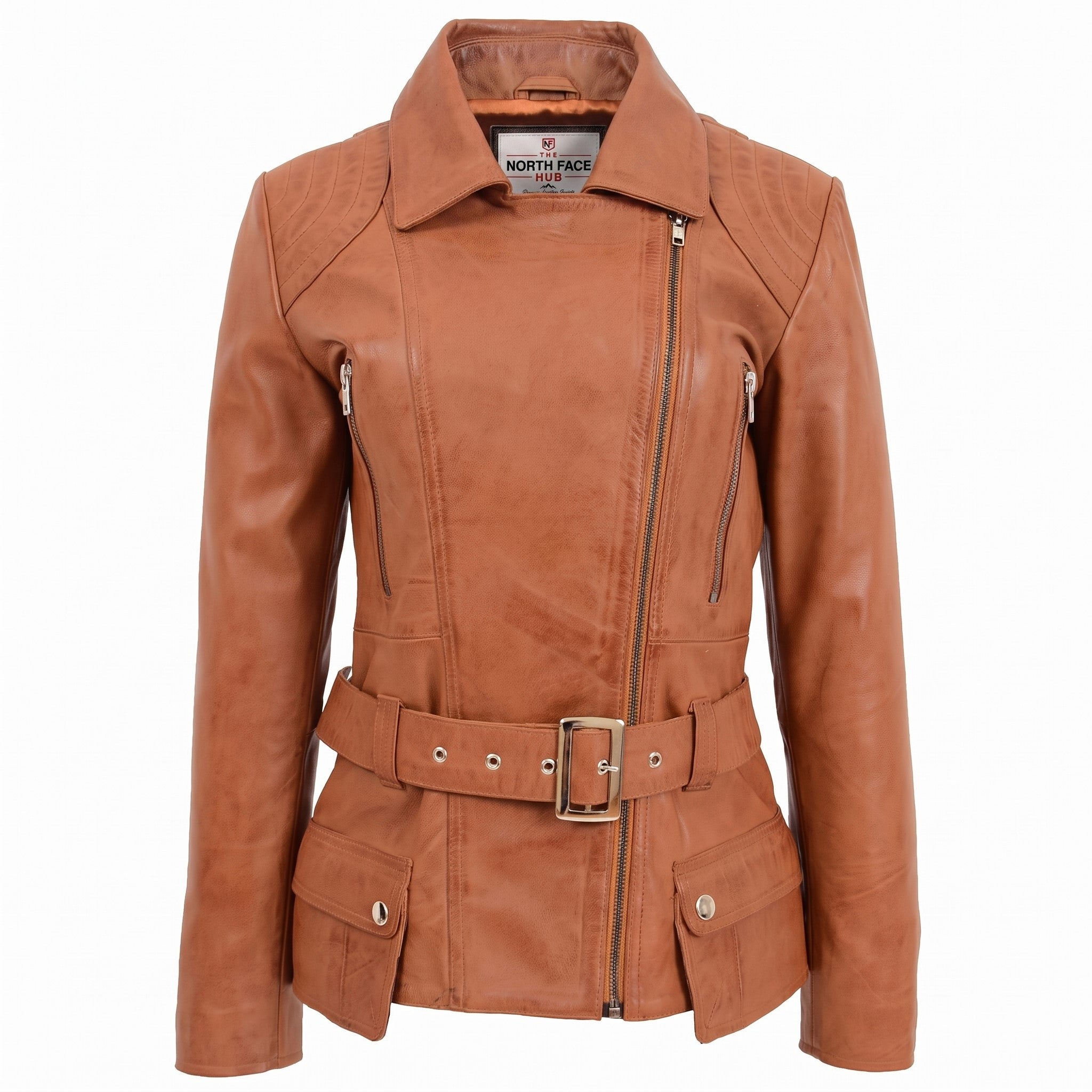 Womens Leather Hip Length Biker Jacket Celia Dynamo Tan