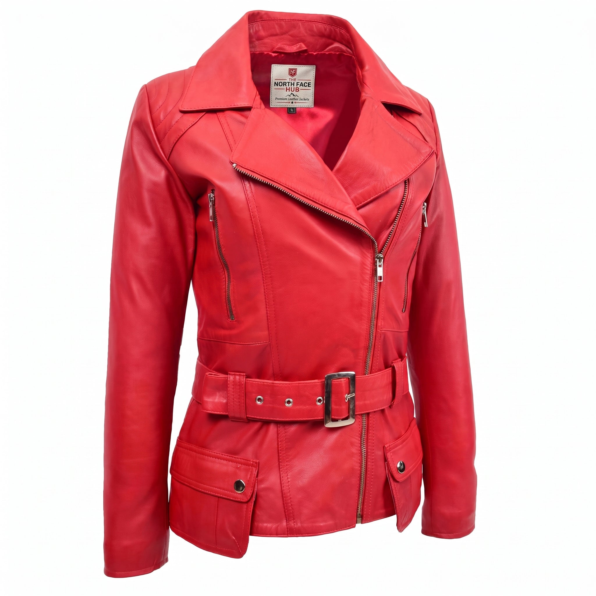 Womens Leather Hip Length Biker Jacket Celia Ignite Red