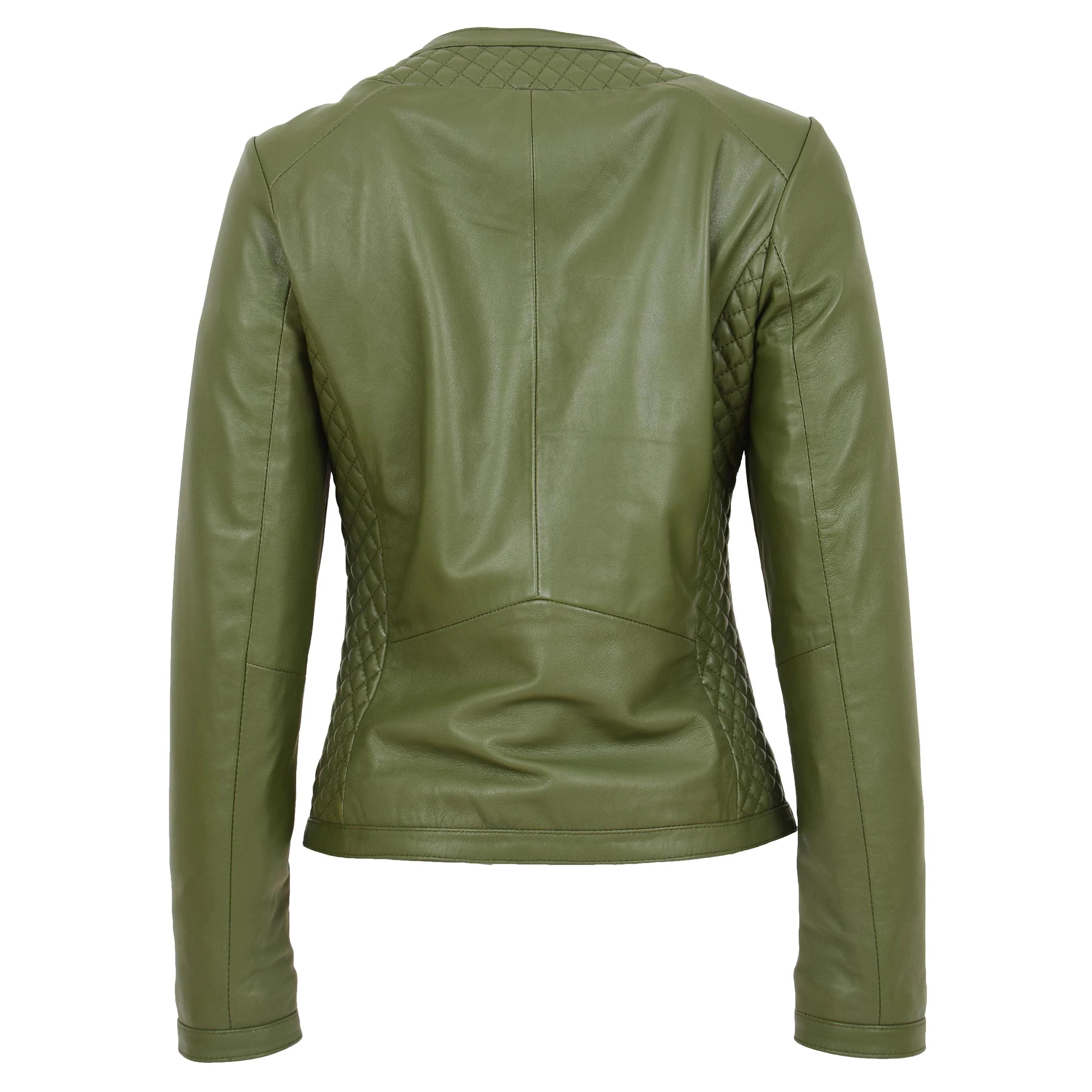Womens Leather Collarless Jacket with Quilt Design Joan Aurora Olive Green