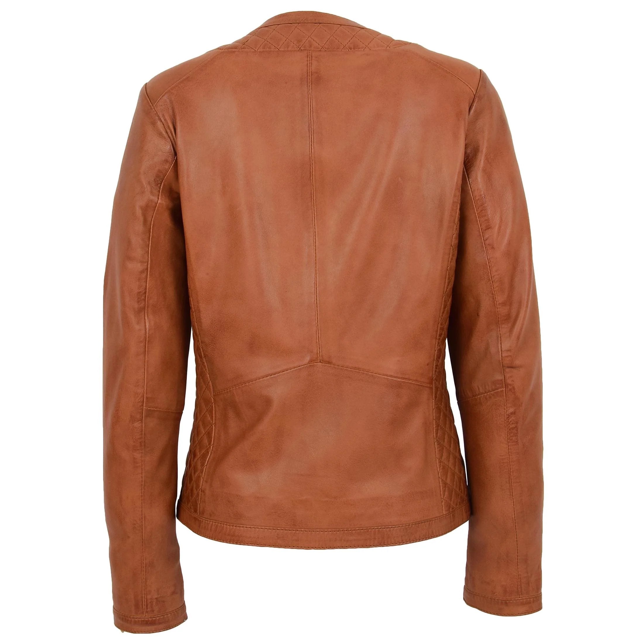 Womens Leather Collarless Jacket with Quilt Design Joan Dynamo Tan