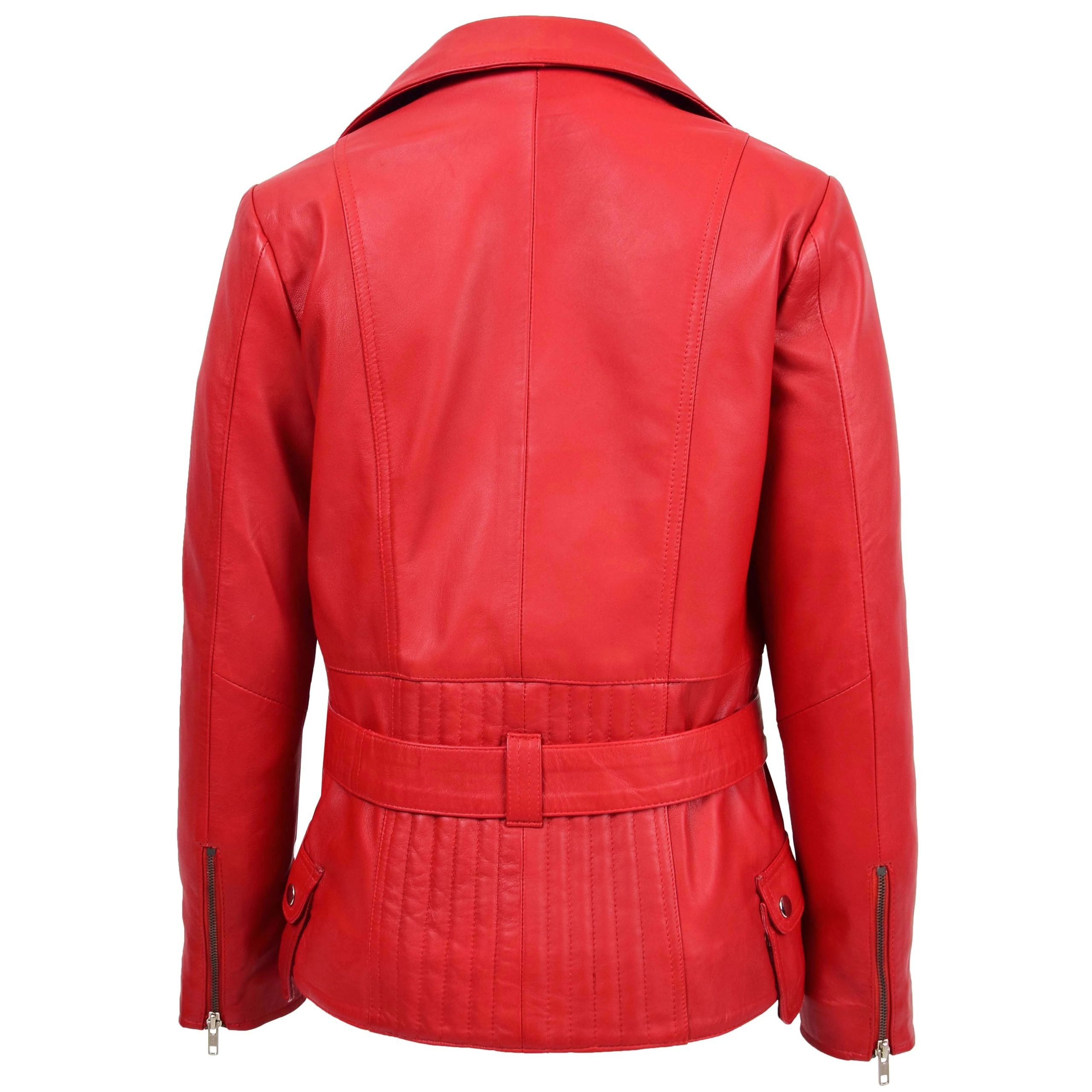 Womens Leather Hip Length Biker Jacket Celia Ignite Red