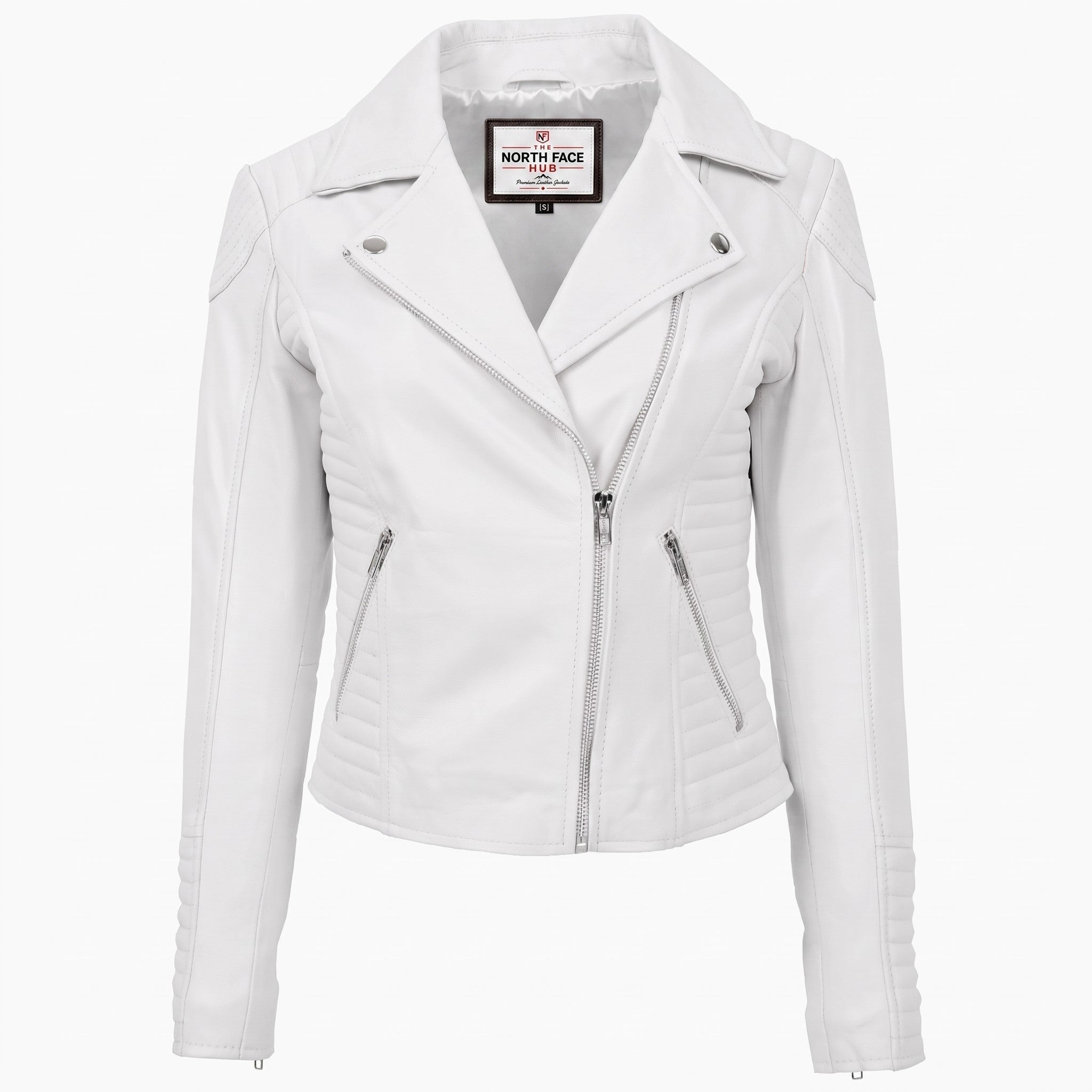 Womens Soft Leather Cross Zip Biker Jacket Anna Astral White