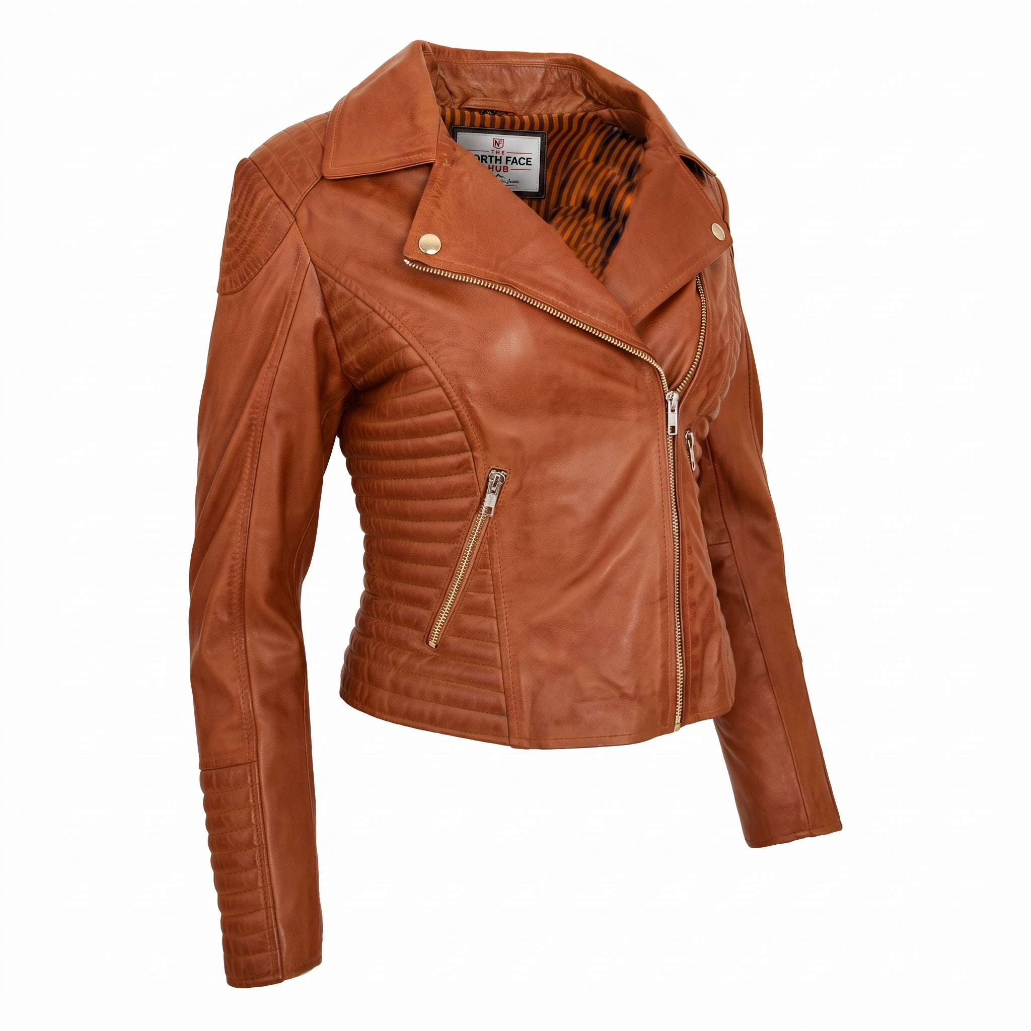 Womens Soft Leather Cross Zip Biker Jacket Anna Dynamo Tan