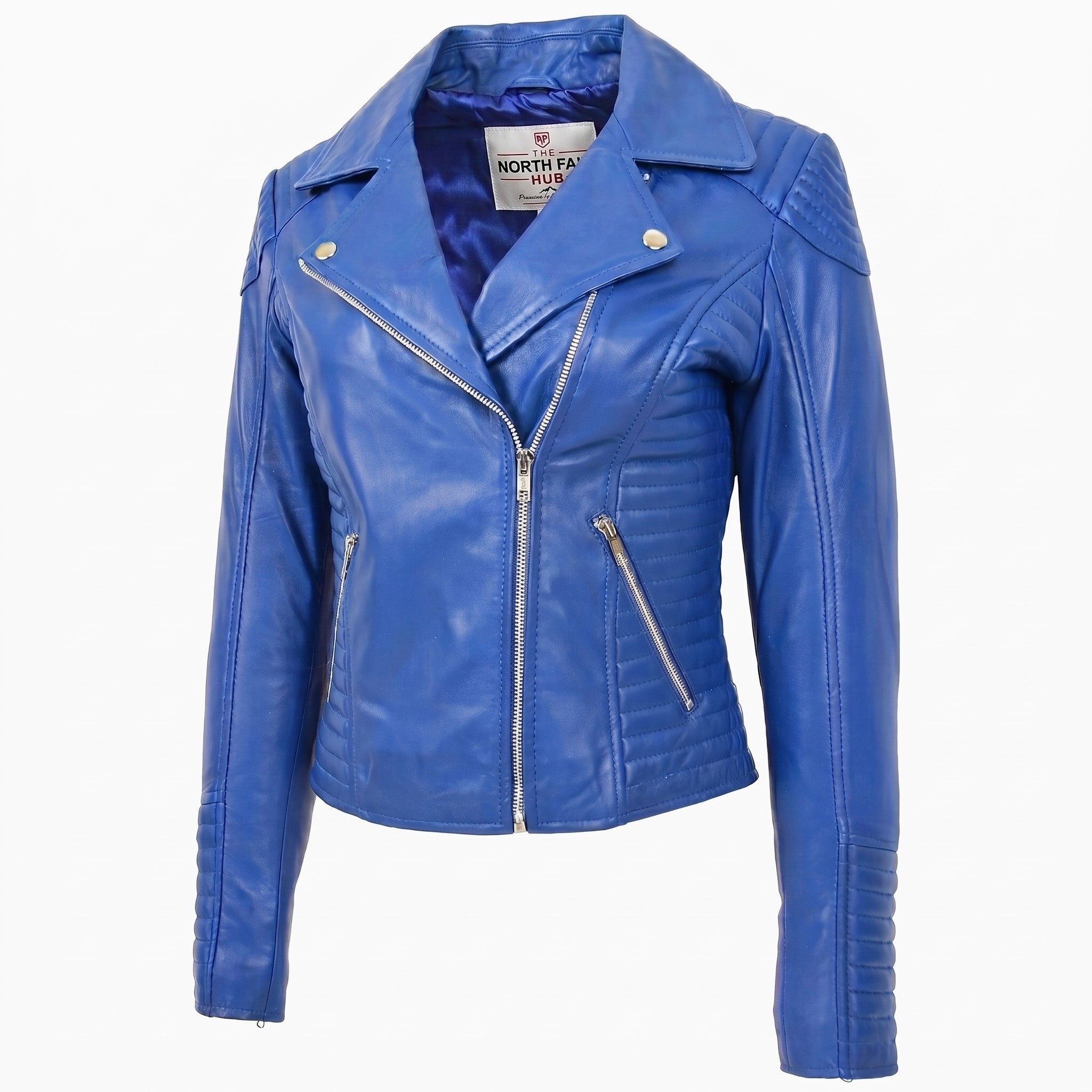 Womens Soft Leather Cross Zip Biker Jacket Anna Radiant Blue