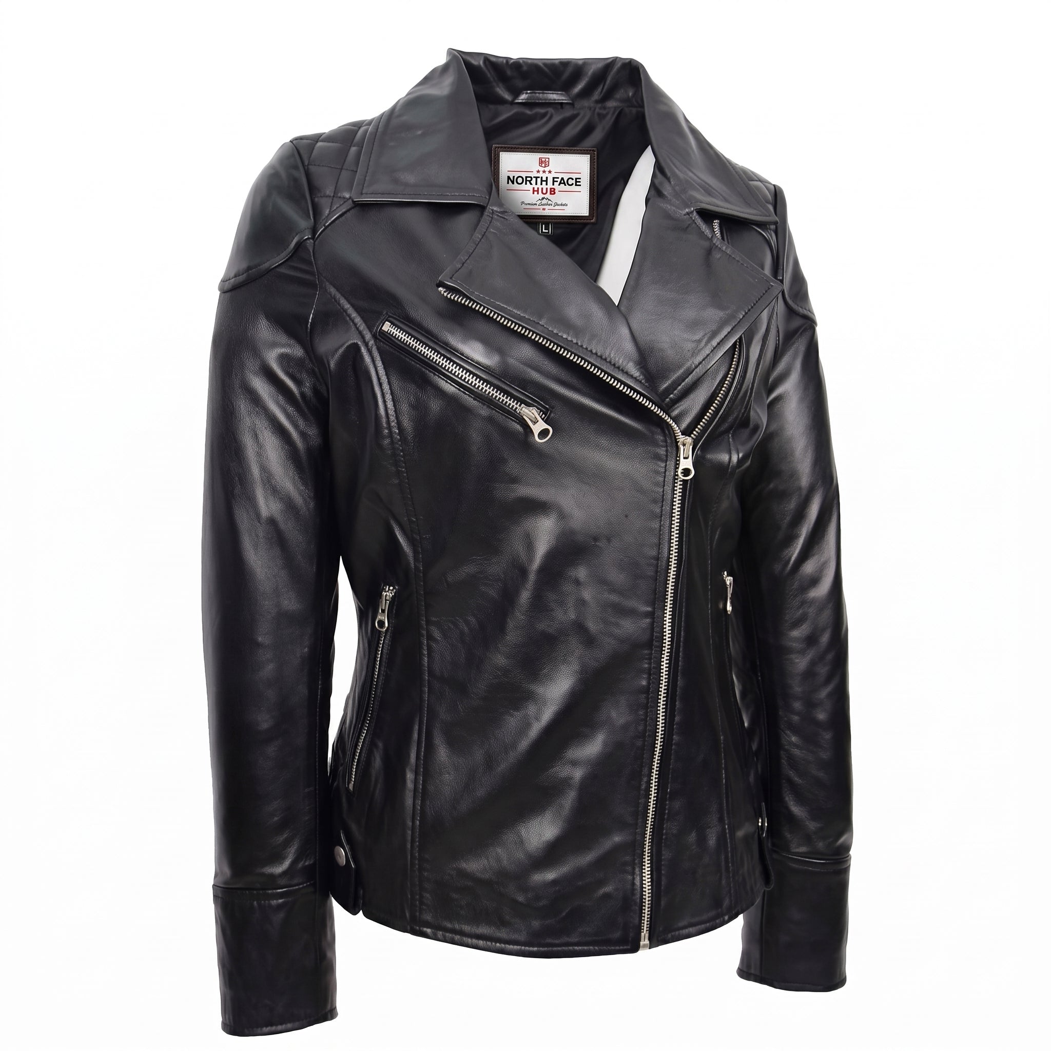 Womens Real Leather Biker Jacket Cross Zip Pockets Cherry Nova Black