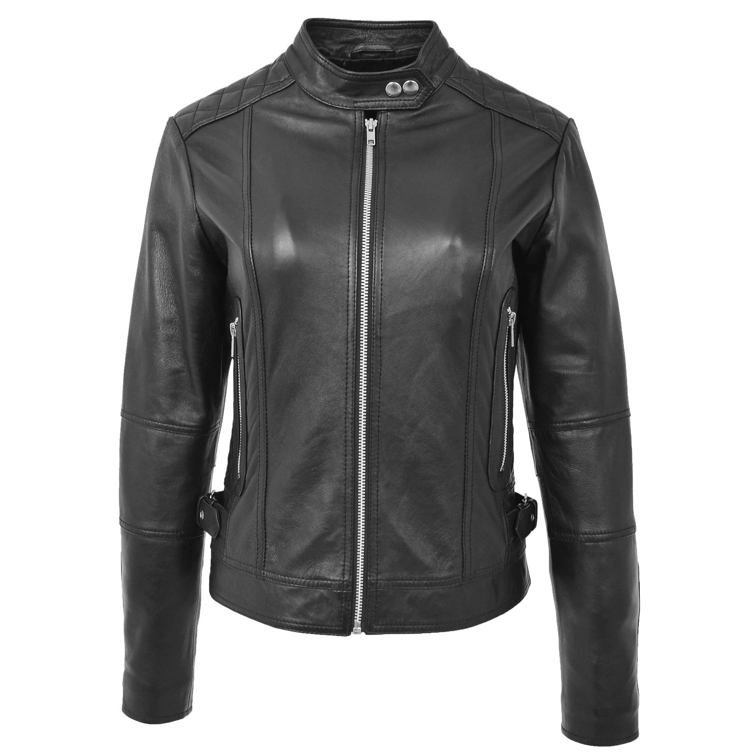 Womens Soft Leather Casual Zip Biker Jacket Ruby Nova Black
