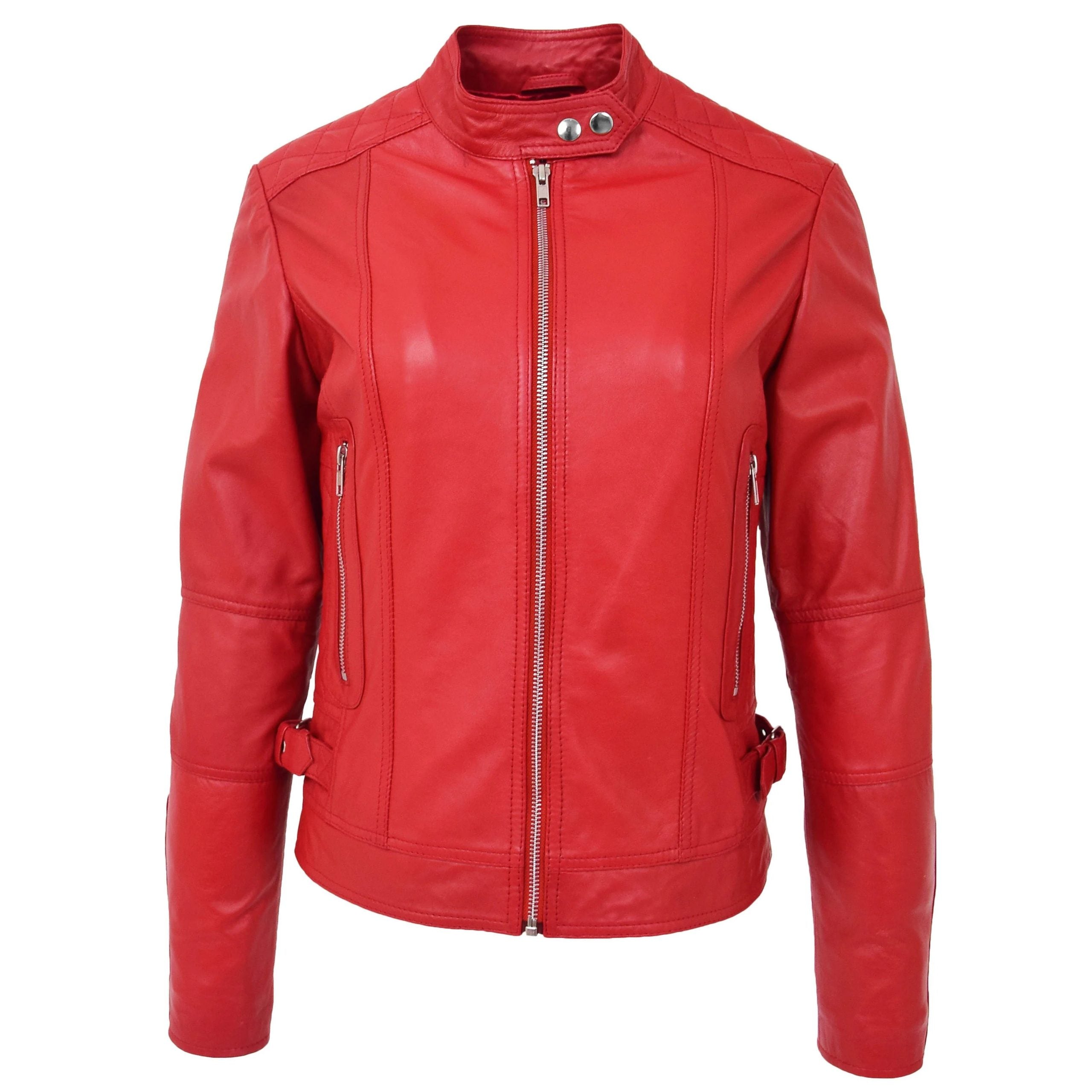 Womens Soft Leather Casual Zip Biker Jacket Ruby Ignite Red