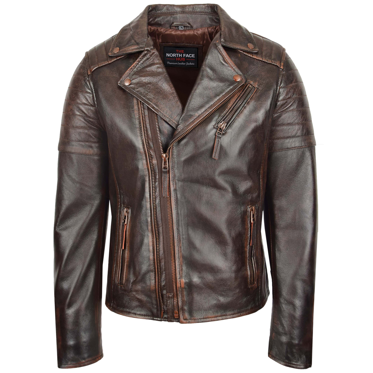 Mens Dual Zip Biker Leather Jacket Brown Zenith