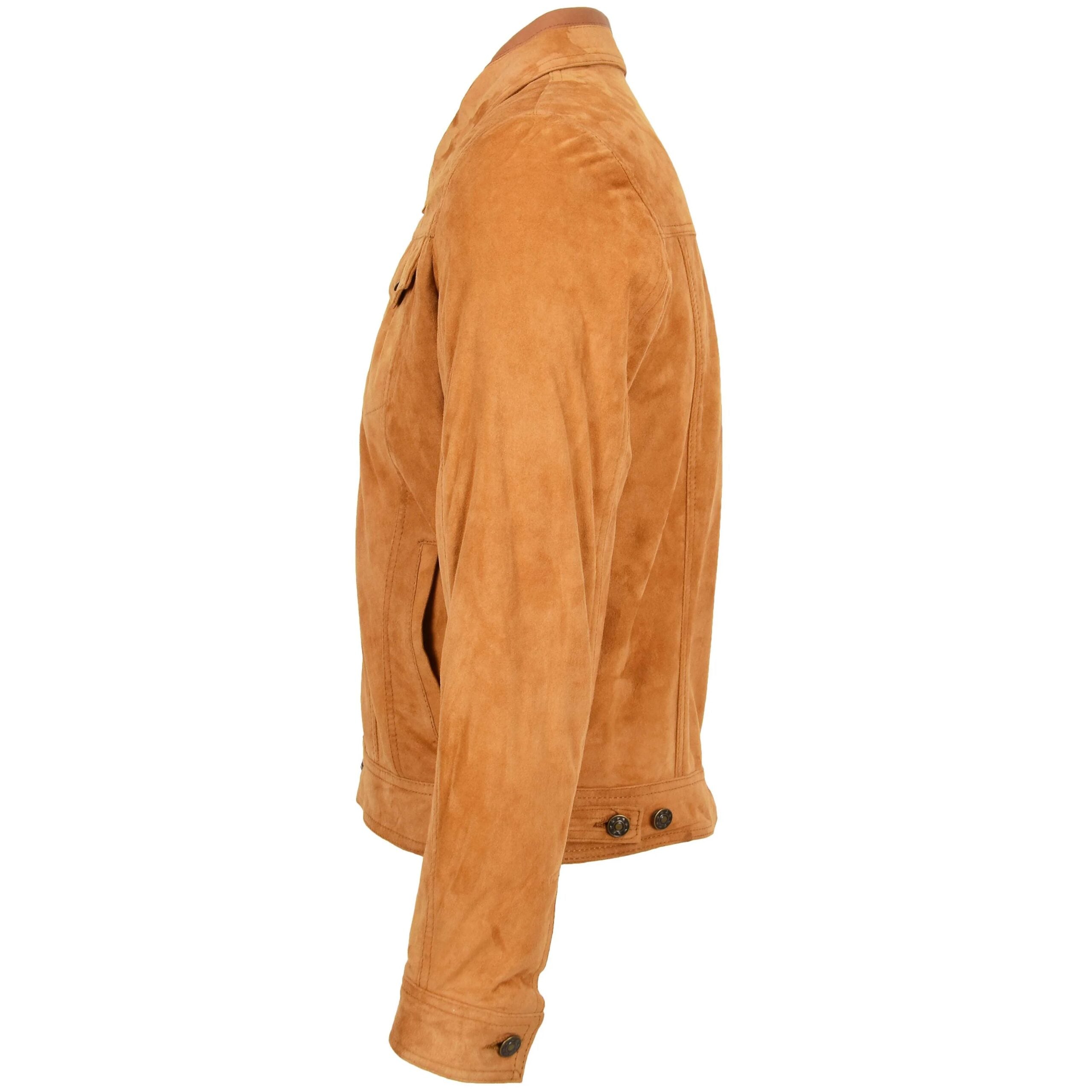 Mens Real Suede Trucker Harrington Jacket Daryl Dynamo Tan