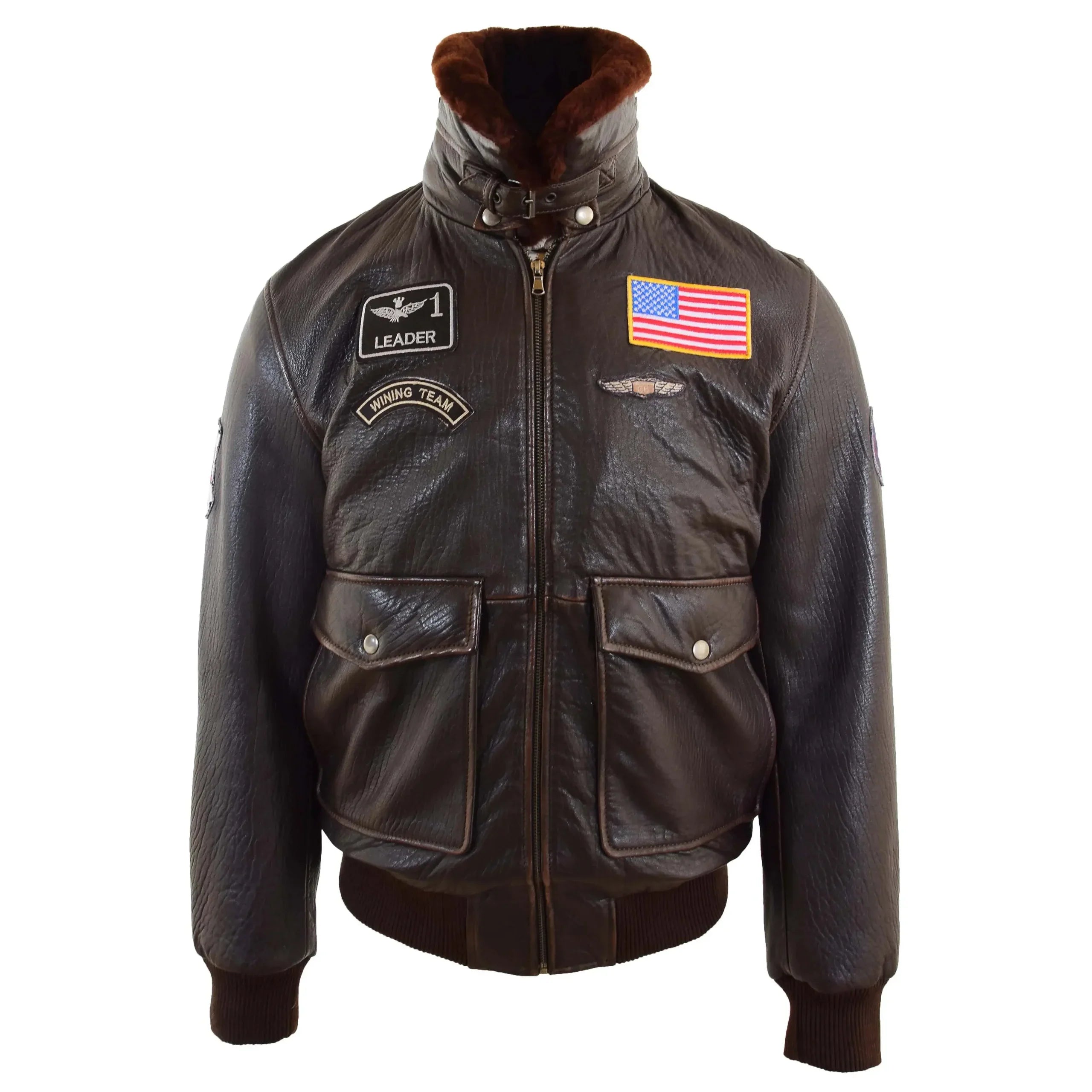 Mens Real Leather G-1 Bomber Jacket Airforce Badges FINCH Zenith Brown