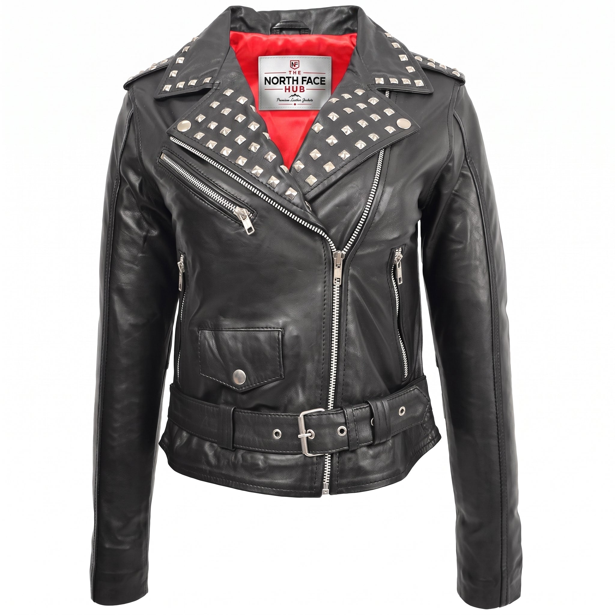 Womens Leather Studded Brando Style Jacket Salma Nova Black