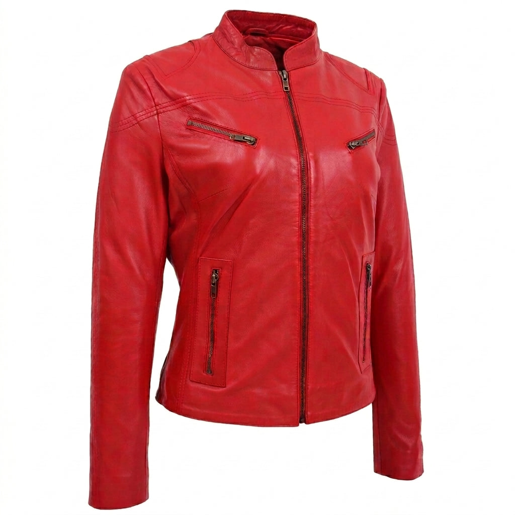 Womens Leather Standing Collar Jacket Becky Ignite Candy Red