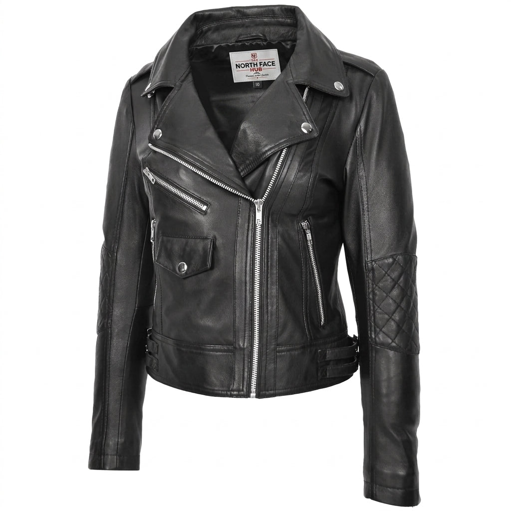 Womens Real Leather Biker Cross Zip Fashion Jacket Remi Nova Black