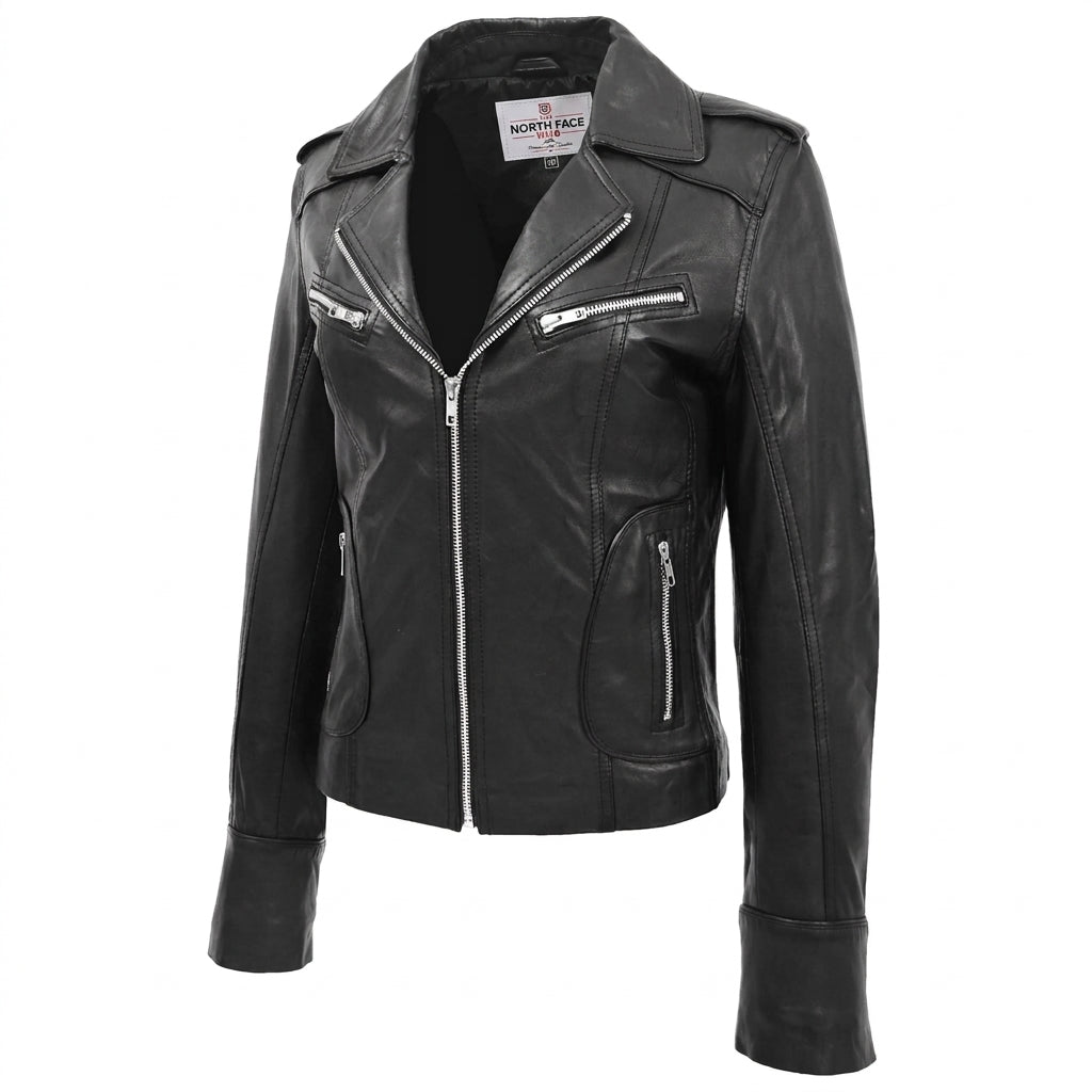 Womens Leather Fitted Biker Style Jacket Kim Nova Black
