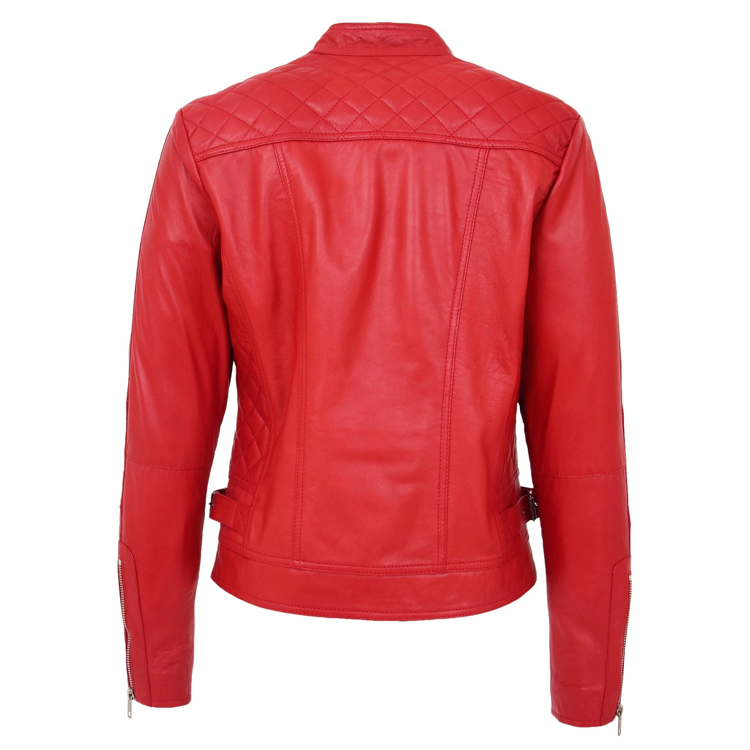 Womens Soft Leather Casual Zip Biker Jacket Ruby Ignite Red