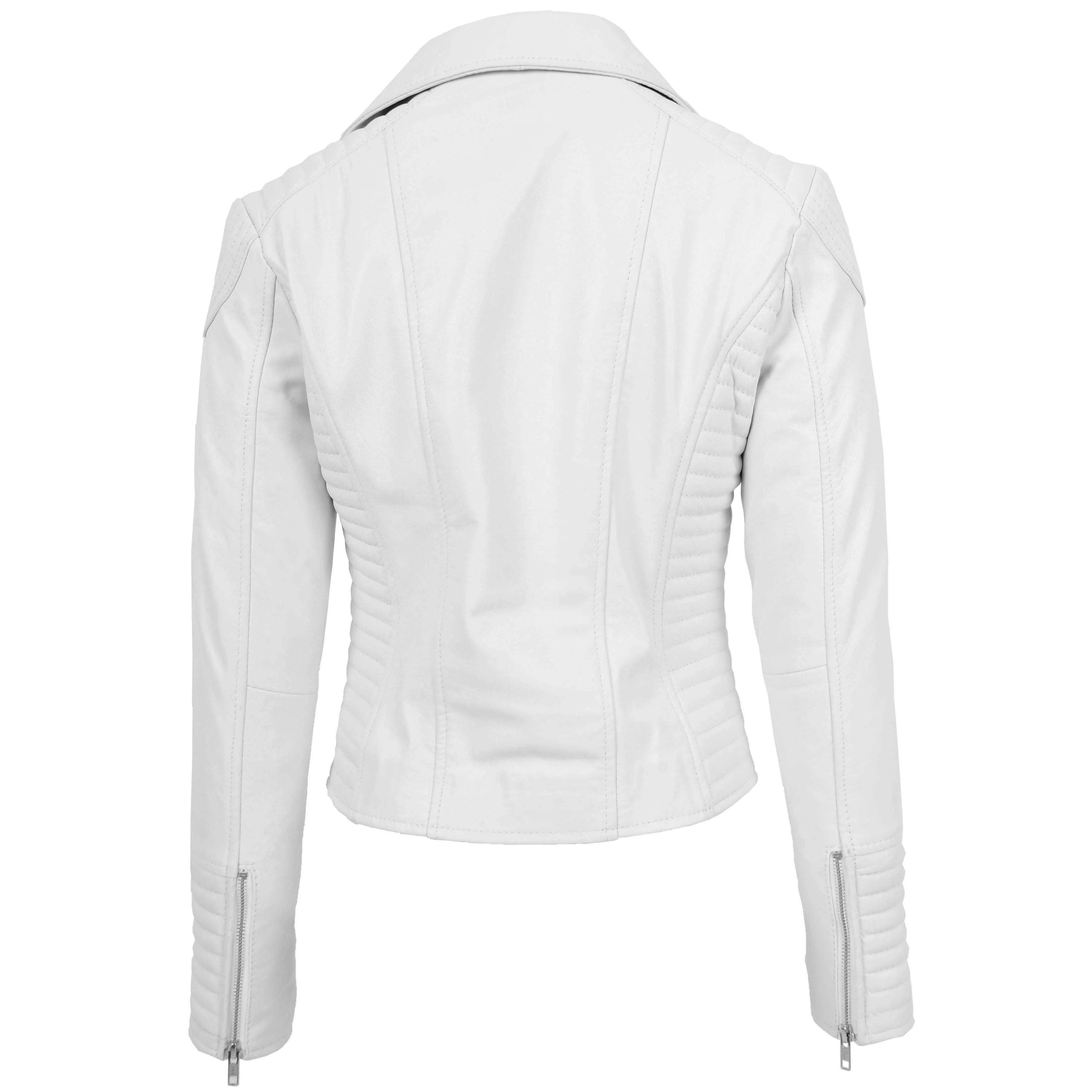 Womens Soft Leather Cross Zip Biker Jacket Anna Astral White