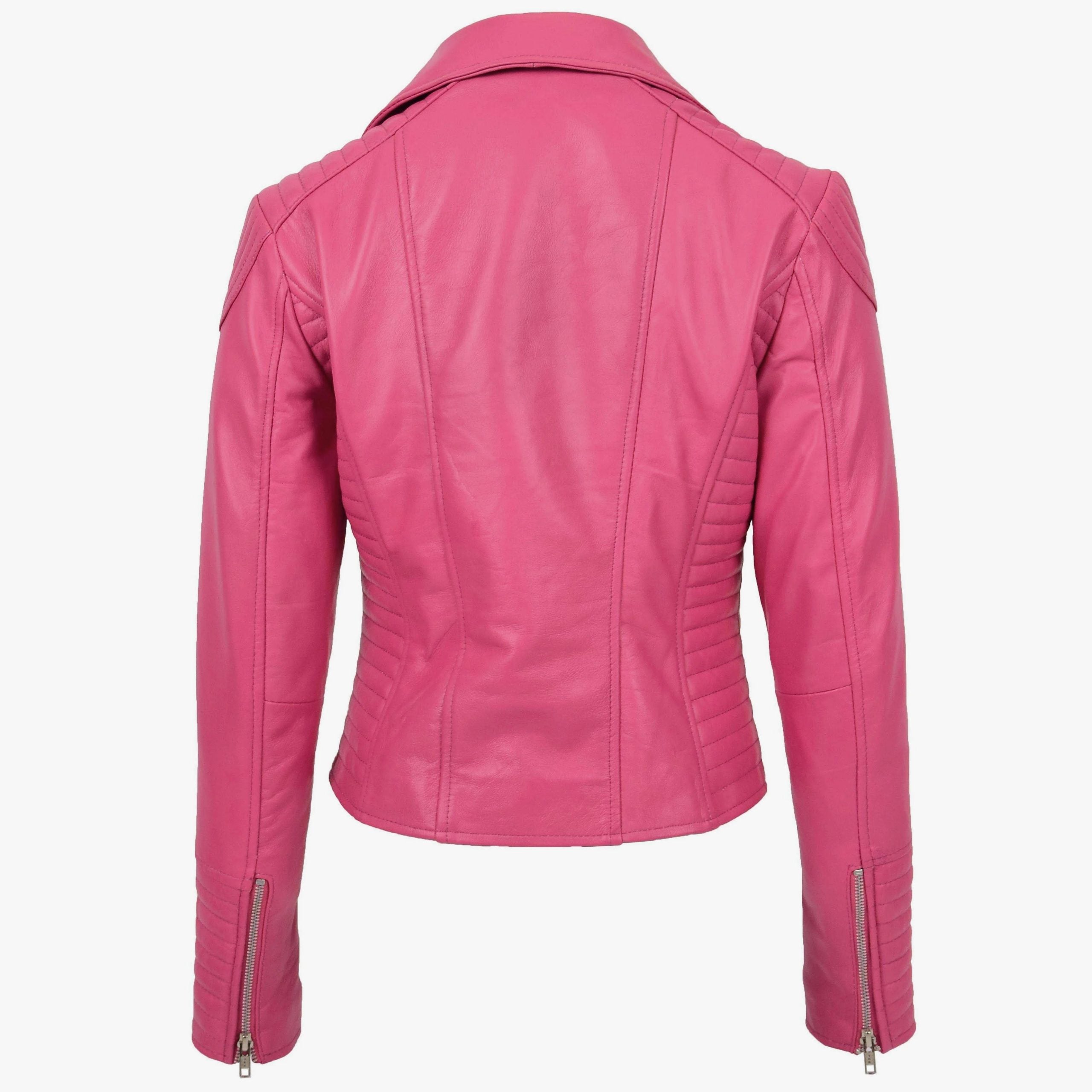 Womens Soft Leather Cross Zip Biker Jacket Anna Chroma Pink