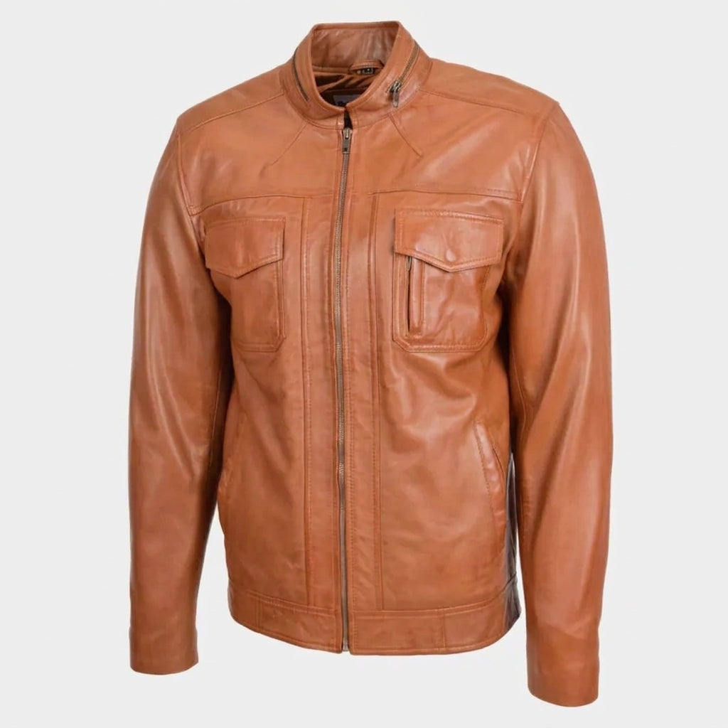 Mens Casual Biker Leather Jacket Dynamo Tan