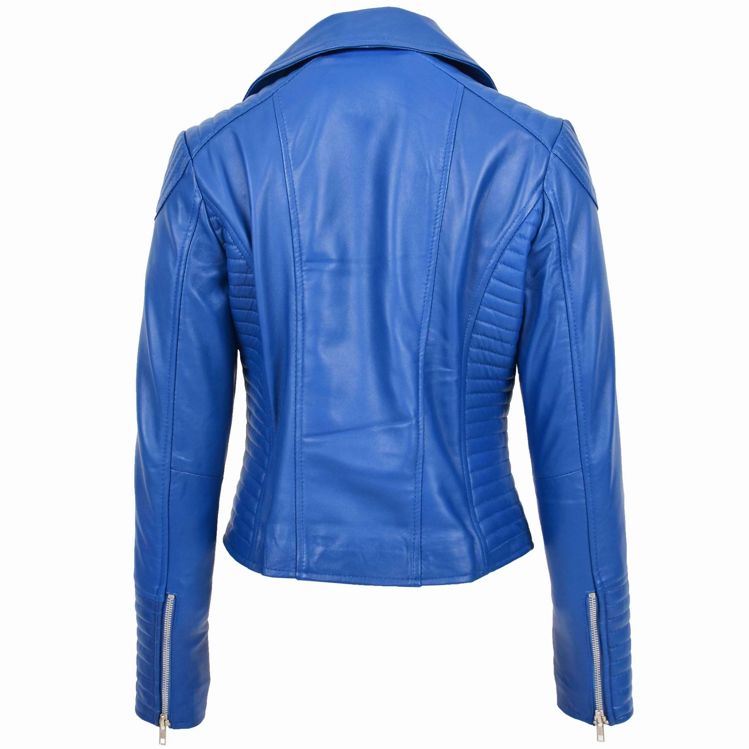 Womens Soft Leather Cross Zip Biker Jacket Anna Radiant Blue