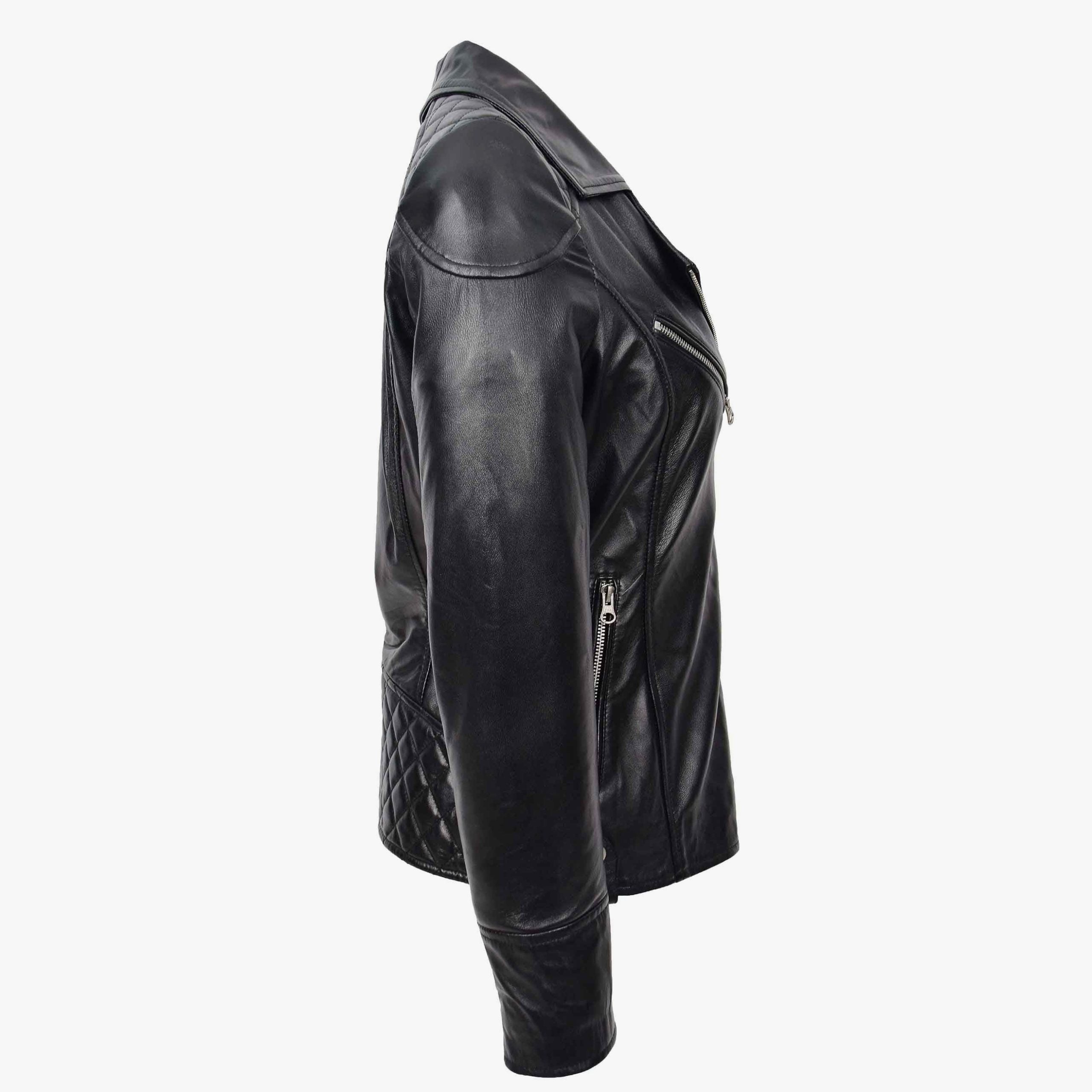 Womens Real Leather Biker Jacket Cross Zip Pockets Cherry Nova Black