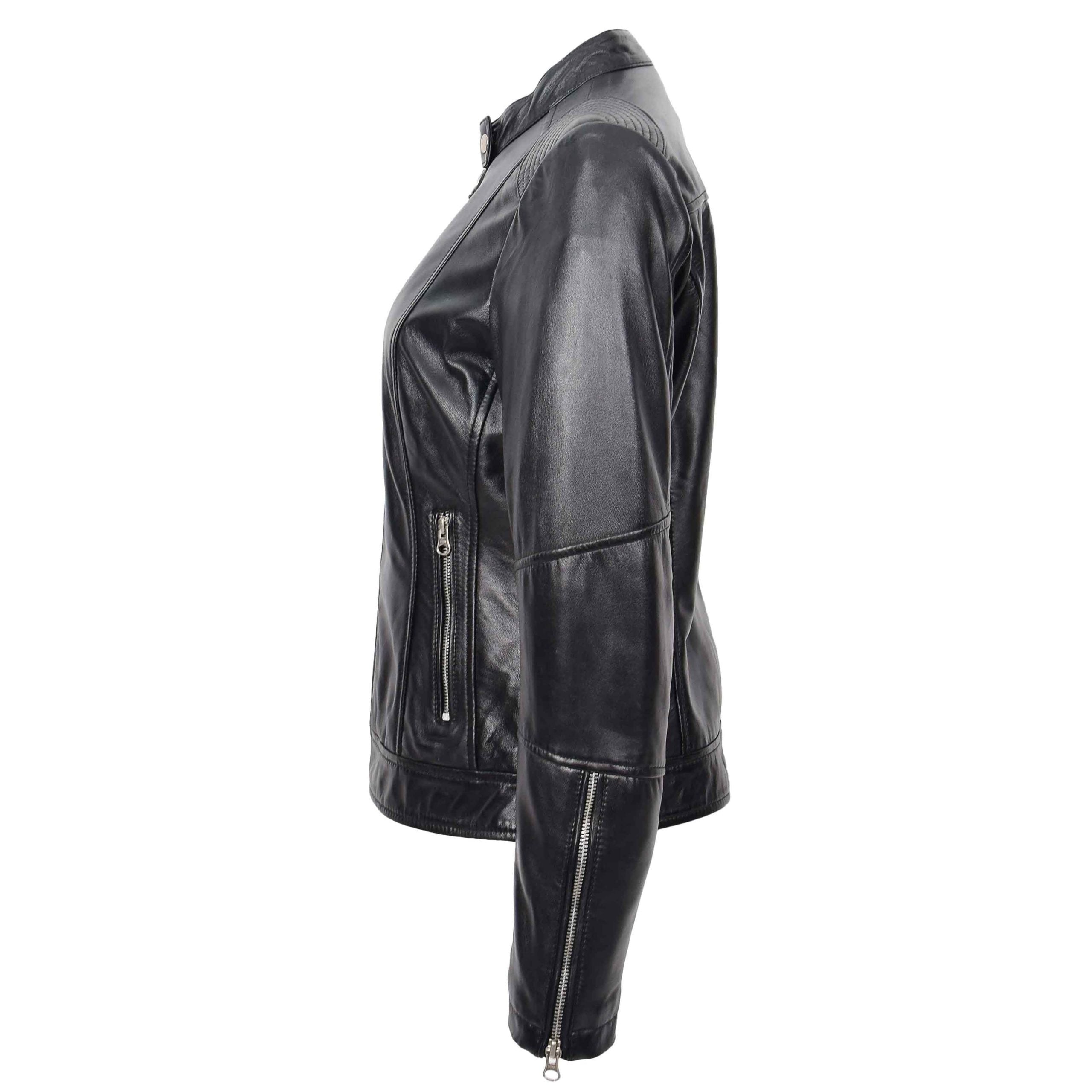 Womens Real Leather Biker Jacket Zip up Casual Connie Nova Black