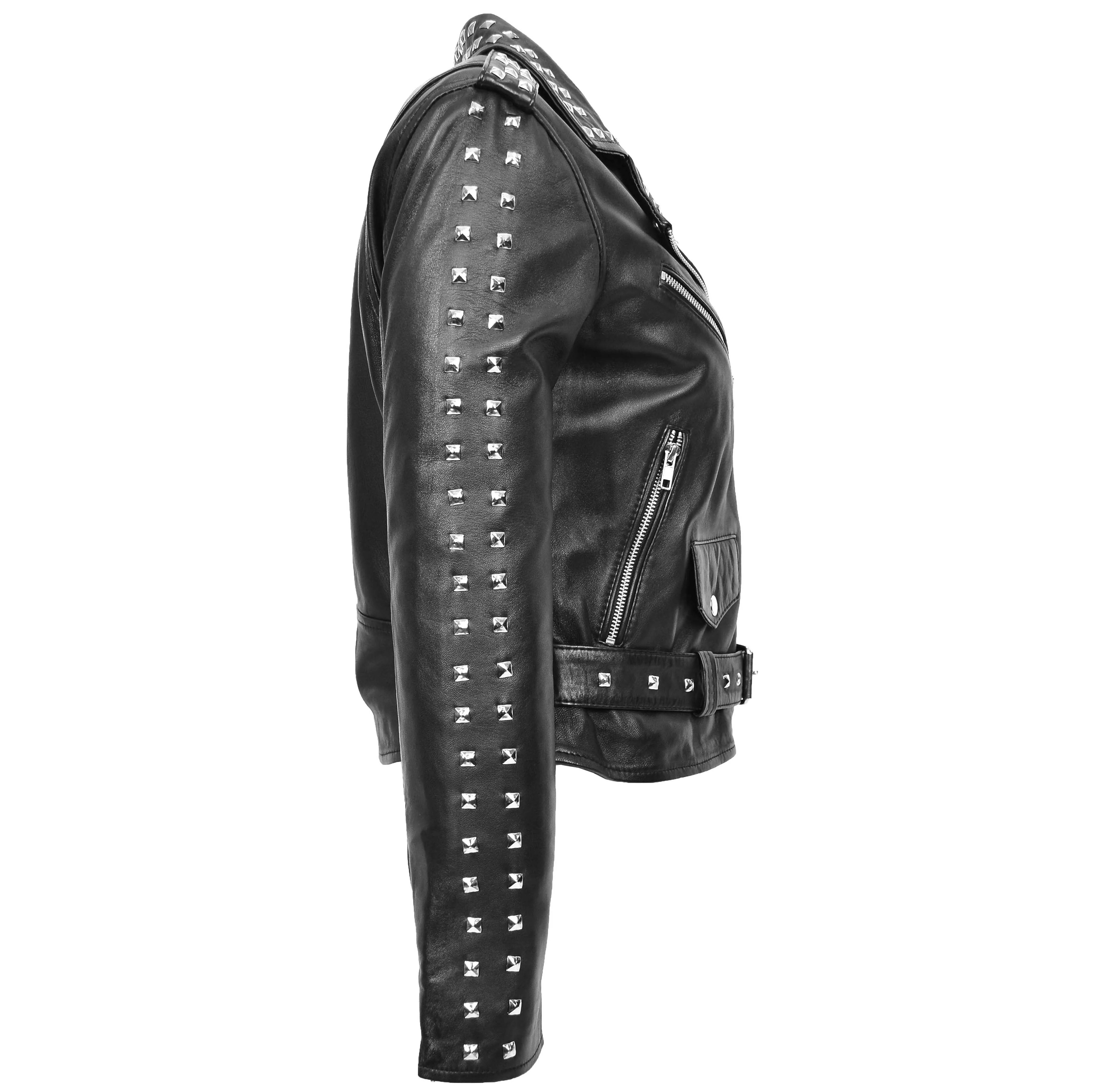 Womens Real Leather Biker Jacket Studded Brando Jacket Heidi Nova Black