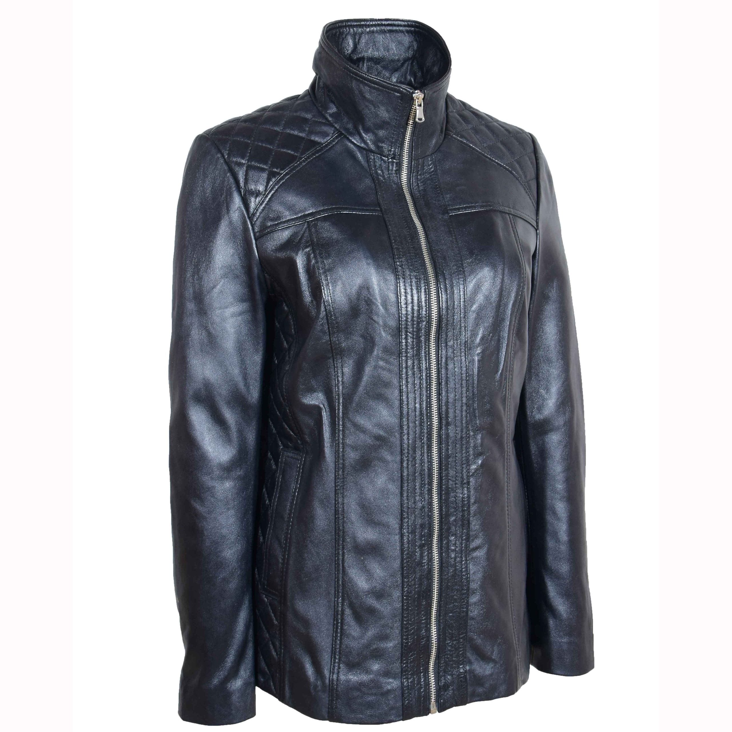 Womens Real Leather Jacket Zip Quilted ECHO Nova Black