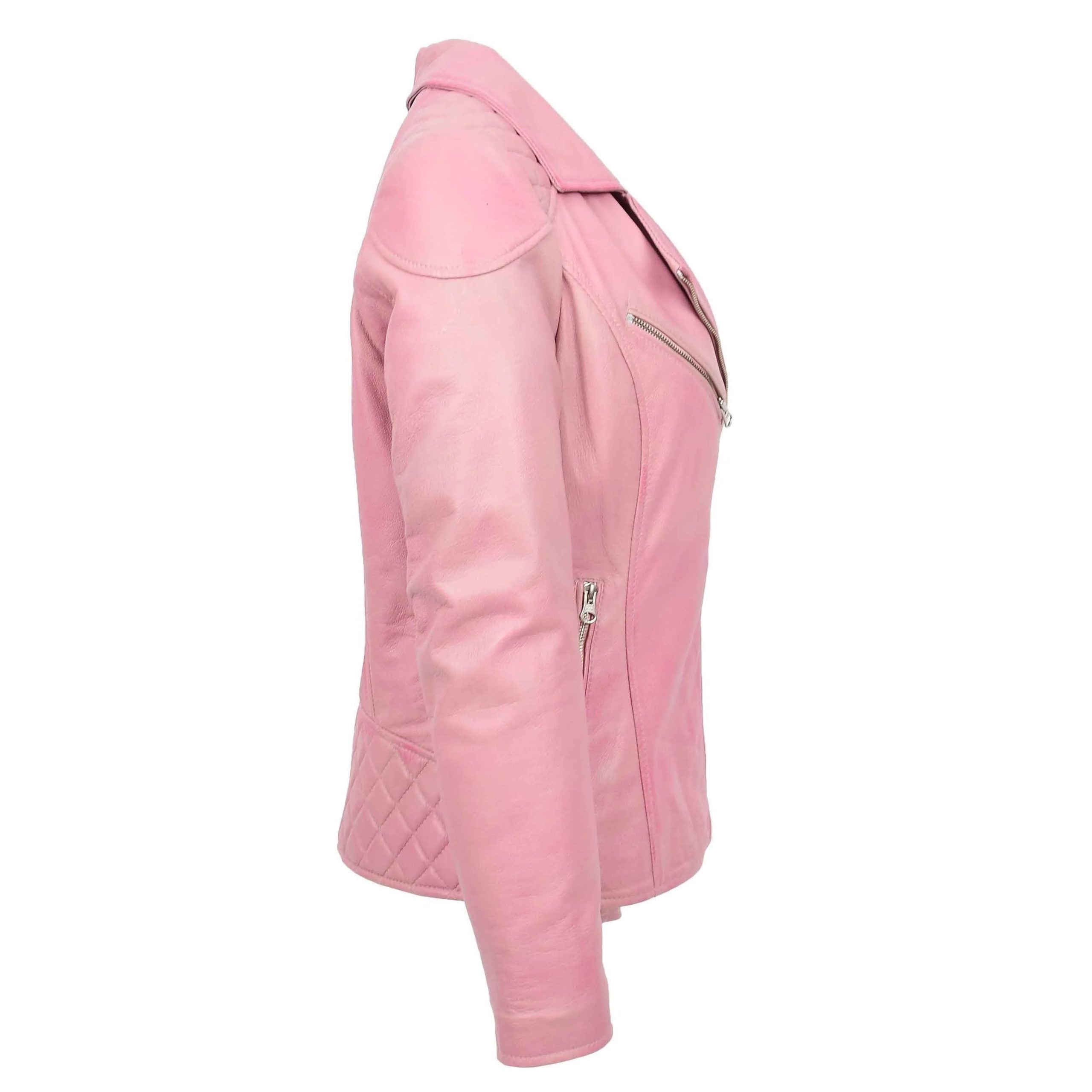 Womens Real Leather Biker Jacket Cross Zip Pockets Cherry Chroma Pink