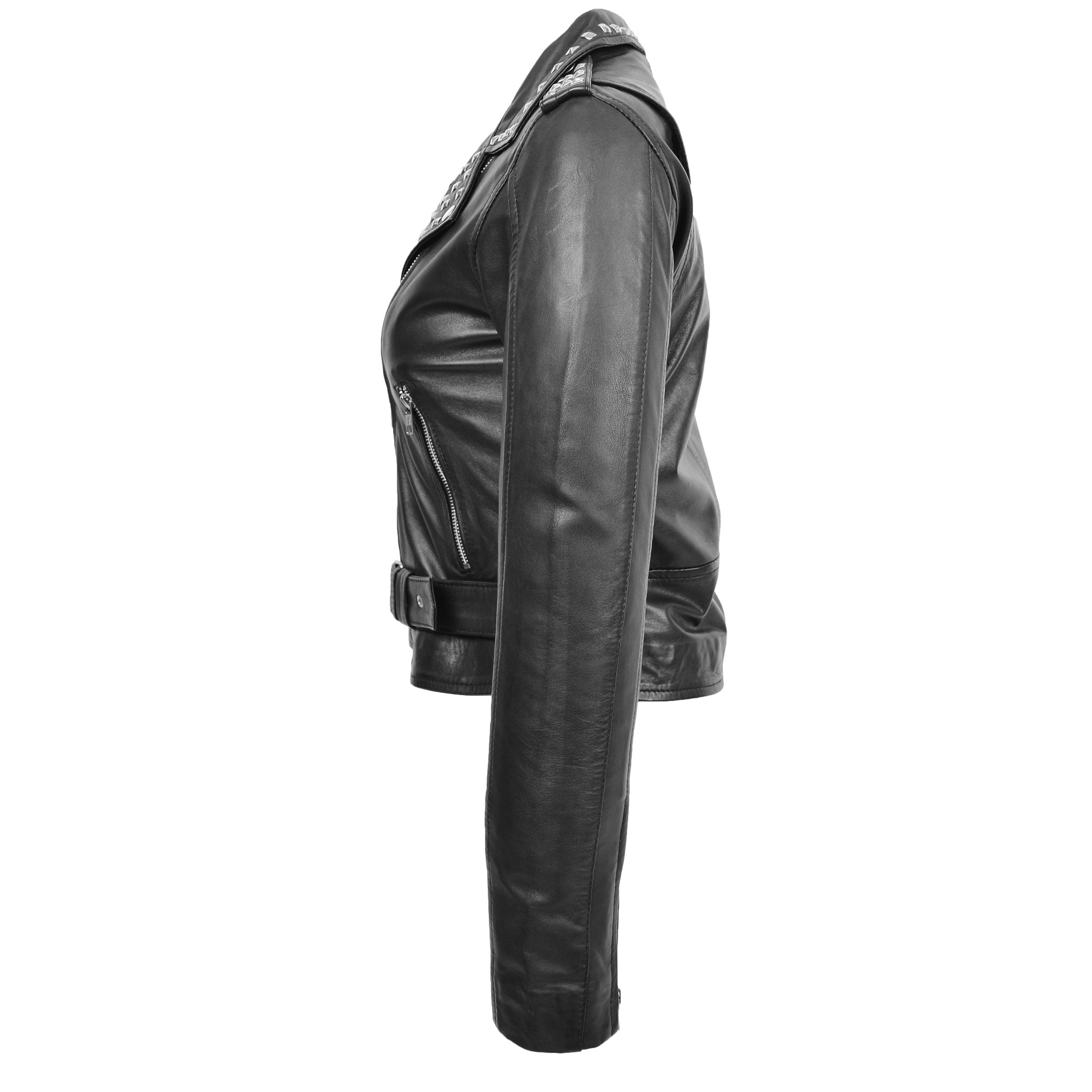 Womens Leather Studded Brando Style Jacket Salma Nova Black