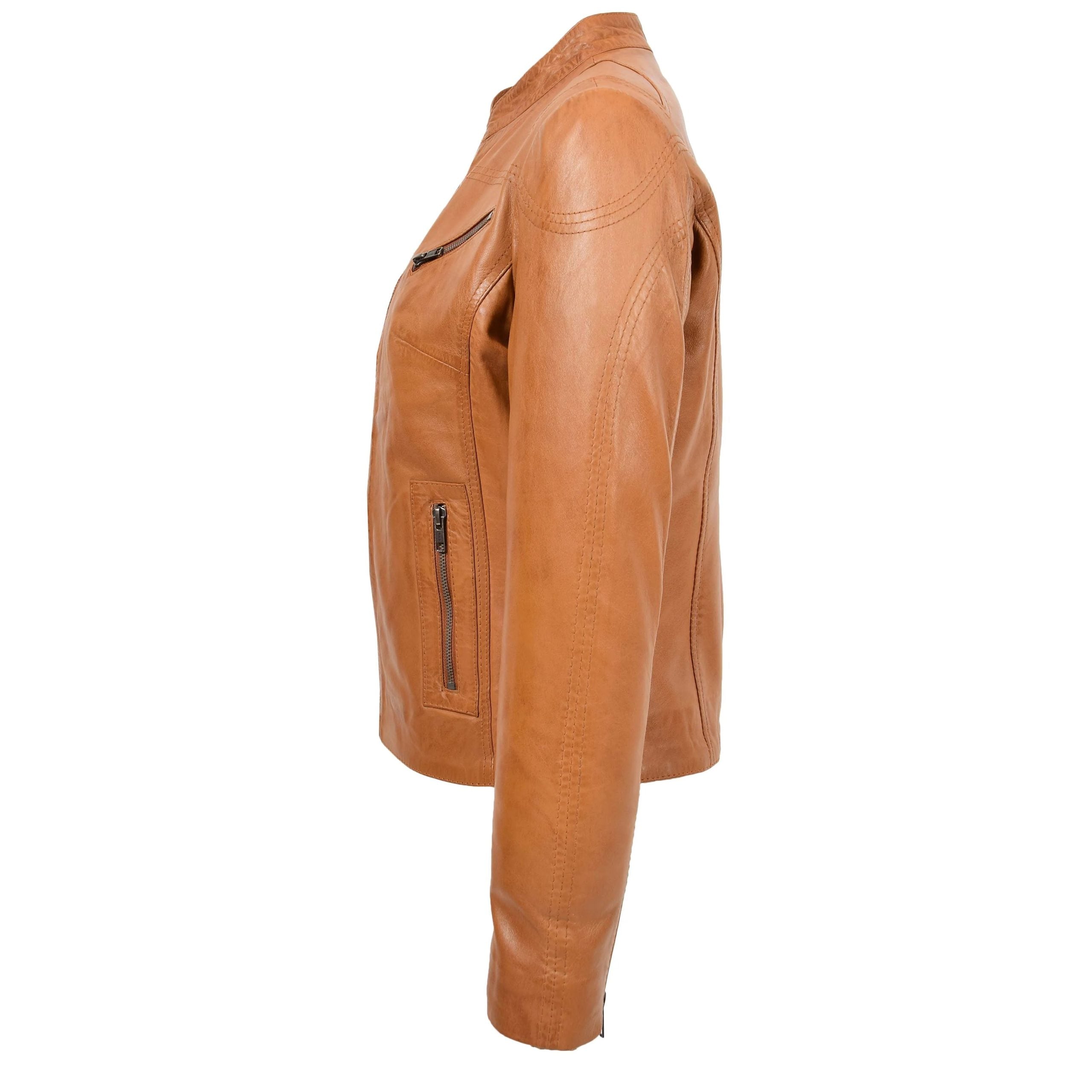 Womens Leather Standing Collar Jacket Becky Dynamo Tan