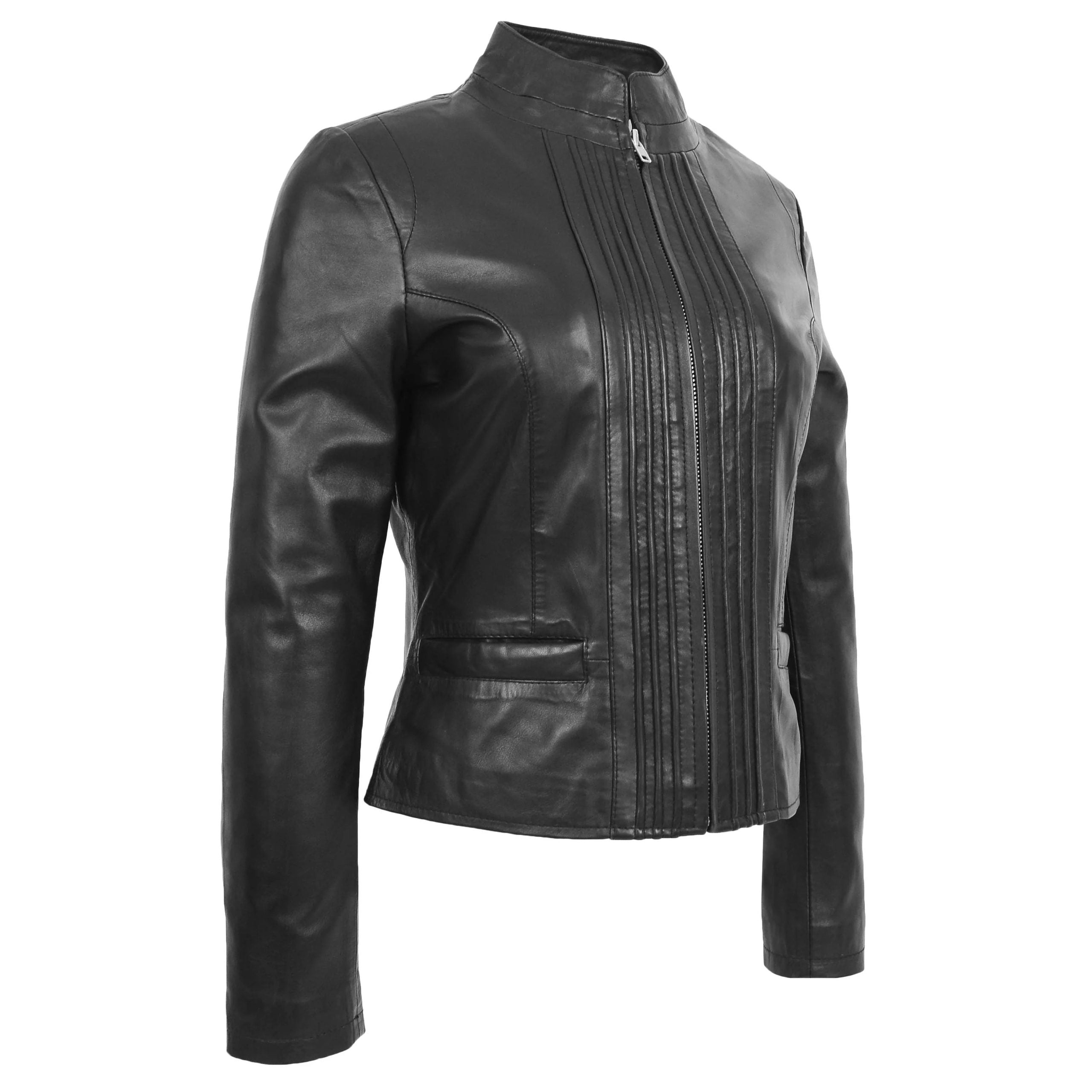 Womens Leather Casual Standing Collar Jacket Nova Black